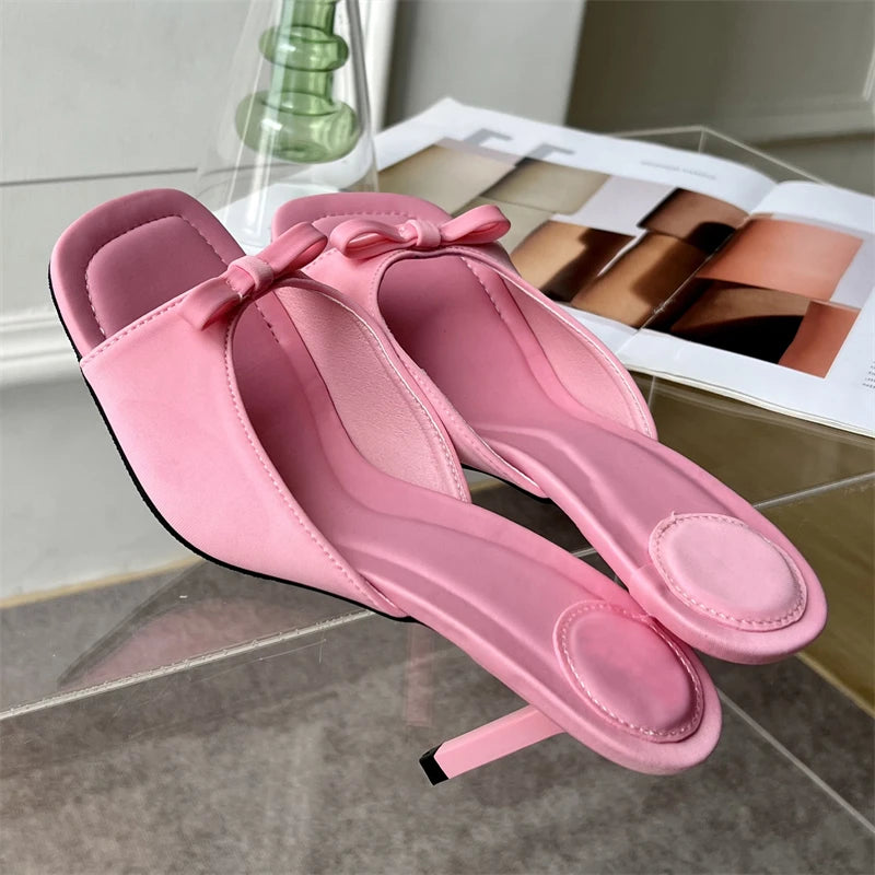 Eilyken Summer Fashion Butterfly-knot Satin Women Slipper Slip On Ladies Sandal Thin High Heel Outdoor Dress Slides Shoes Pink