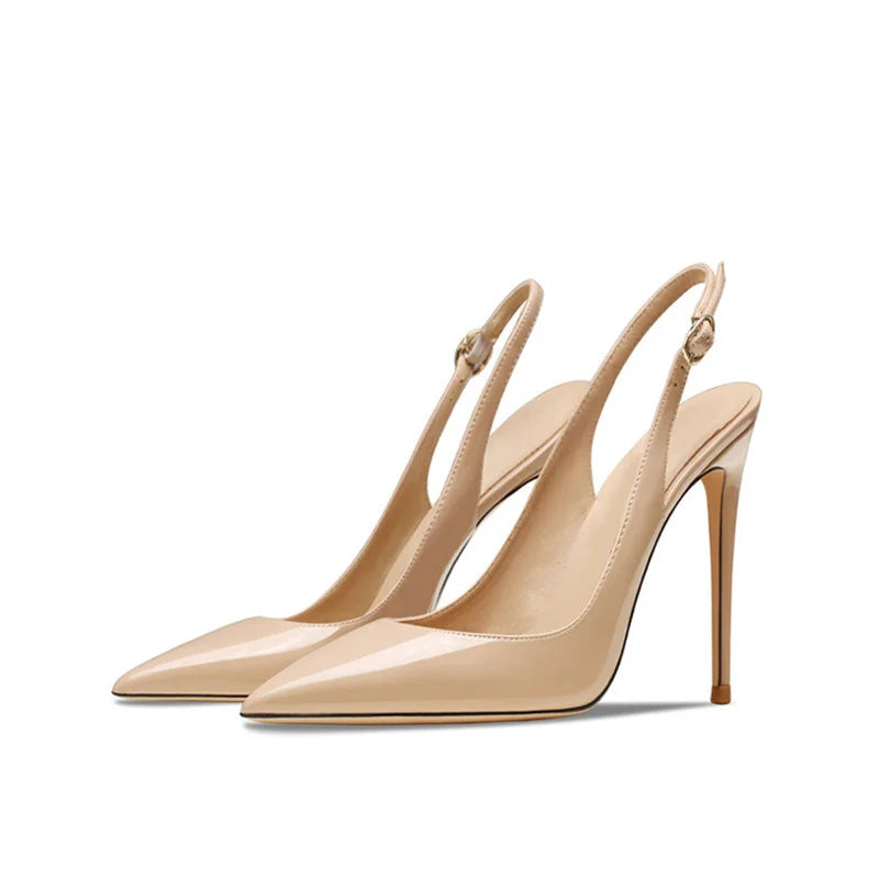 Office Lady Shoes For Women Slingback Pointed Toe Stilito Heel Wedding Shoes Women Heels Sandals Patent Leather Ladies Shoes New Beige