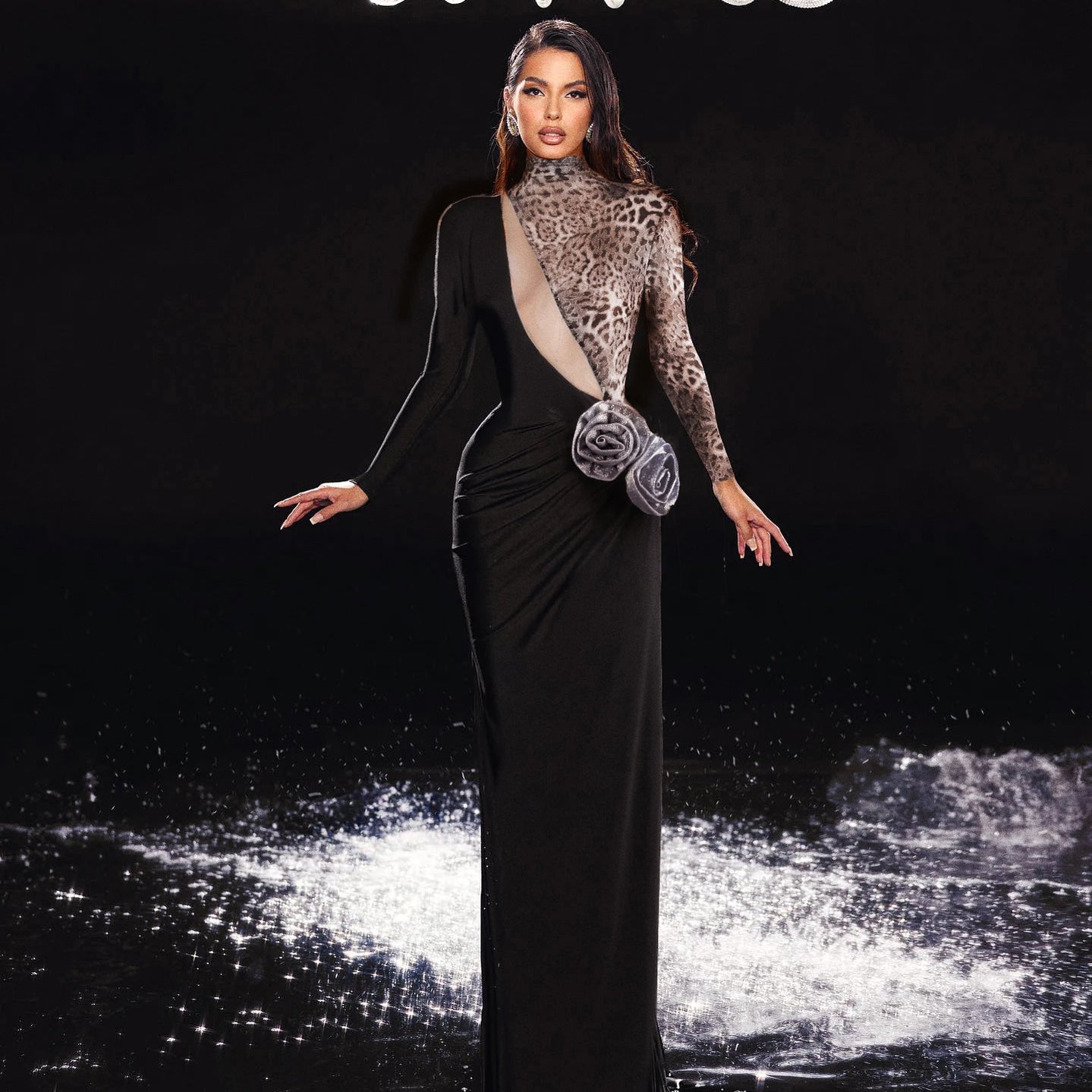 Women Fashion Long Sleeve Keyholes Florals Bodycon Long Maxi Dress Cotton Celebrate Evening Party Red Carpet Outfit black