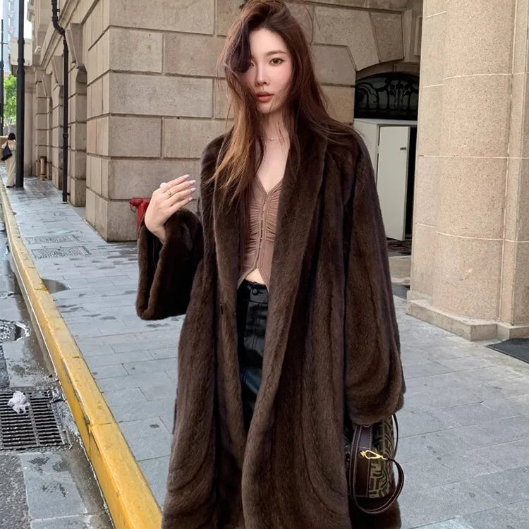Lautaro Winter Long Luxury Elegant Stylish Thick Warm Fluffy Soft Brown Faux Mink Fur Coat Women Shawl Collar Furry Overcoat