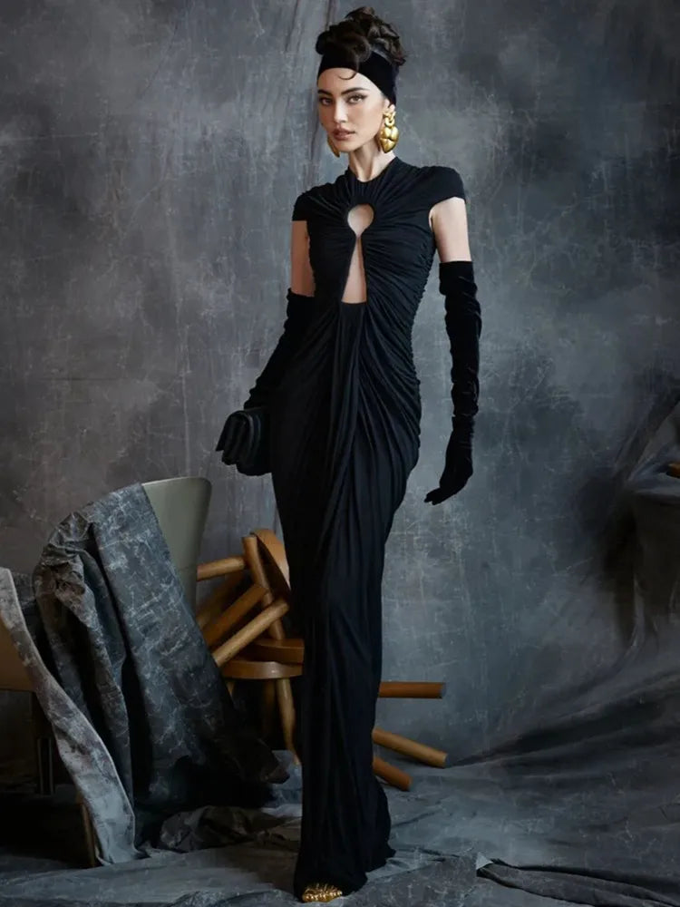 Fashion Women Sexy Short Sleeve Black Mesh Ruched Maxi Long Bodycon Dress 2025 Elegant Evening Club Party Dress