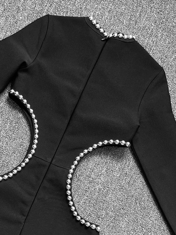 2022 Winter Black Dress Women Sexy Hollow Out High Slit Fashion Party Wear Bandage Dress With Long Sleeve