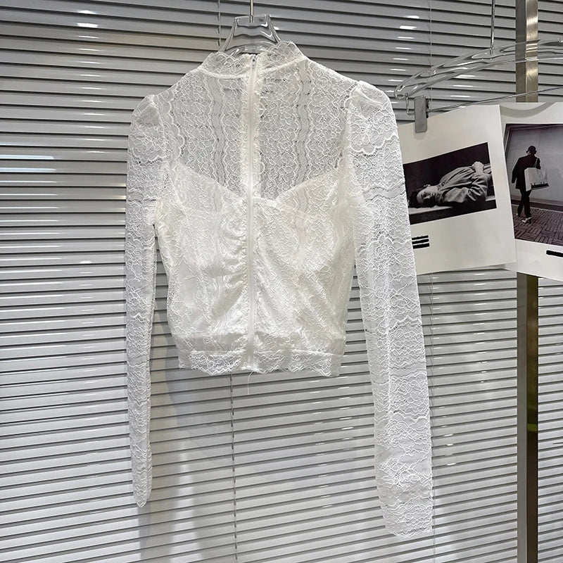 Winter New Fashion Slightly Transparent Lace Design Chest Pad Lined Lace Blouse For Women Versatile Shirts 11A07674