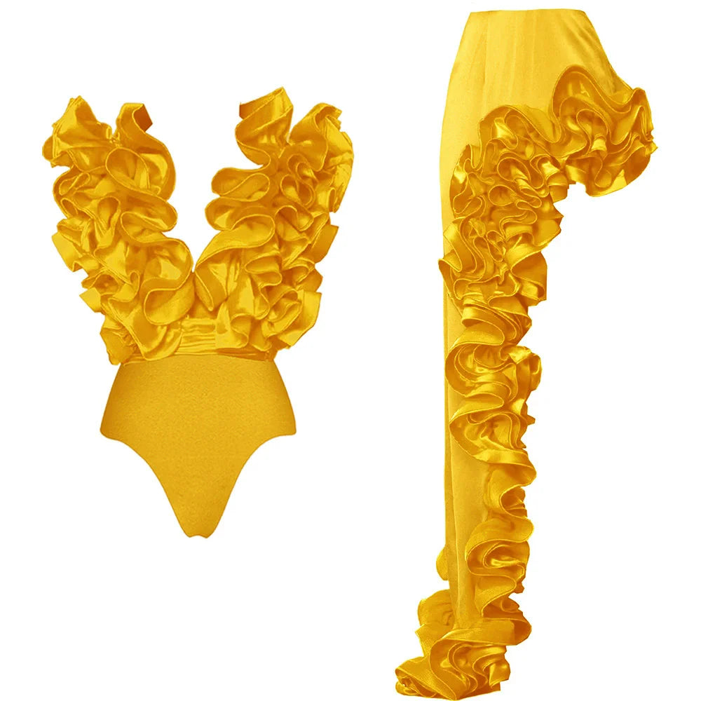 Women Sets Streetwear 2 Two-piece Suits Sexy Beach Holiday Ruffles Asymmetrical V-neck Bodysuit+Long Skirts Bikinis Sets Yellow