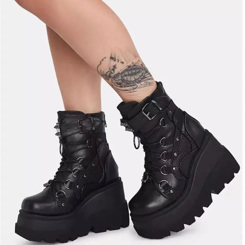 Women's Punk Style Thick-soled Wedge-heeled Knight Boots Large Size Cross-lace Thick-soled Mid-tube Women's Gothic Cowboy Boots