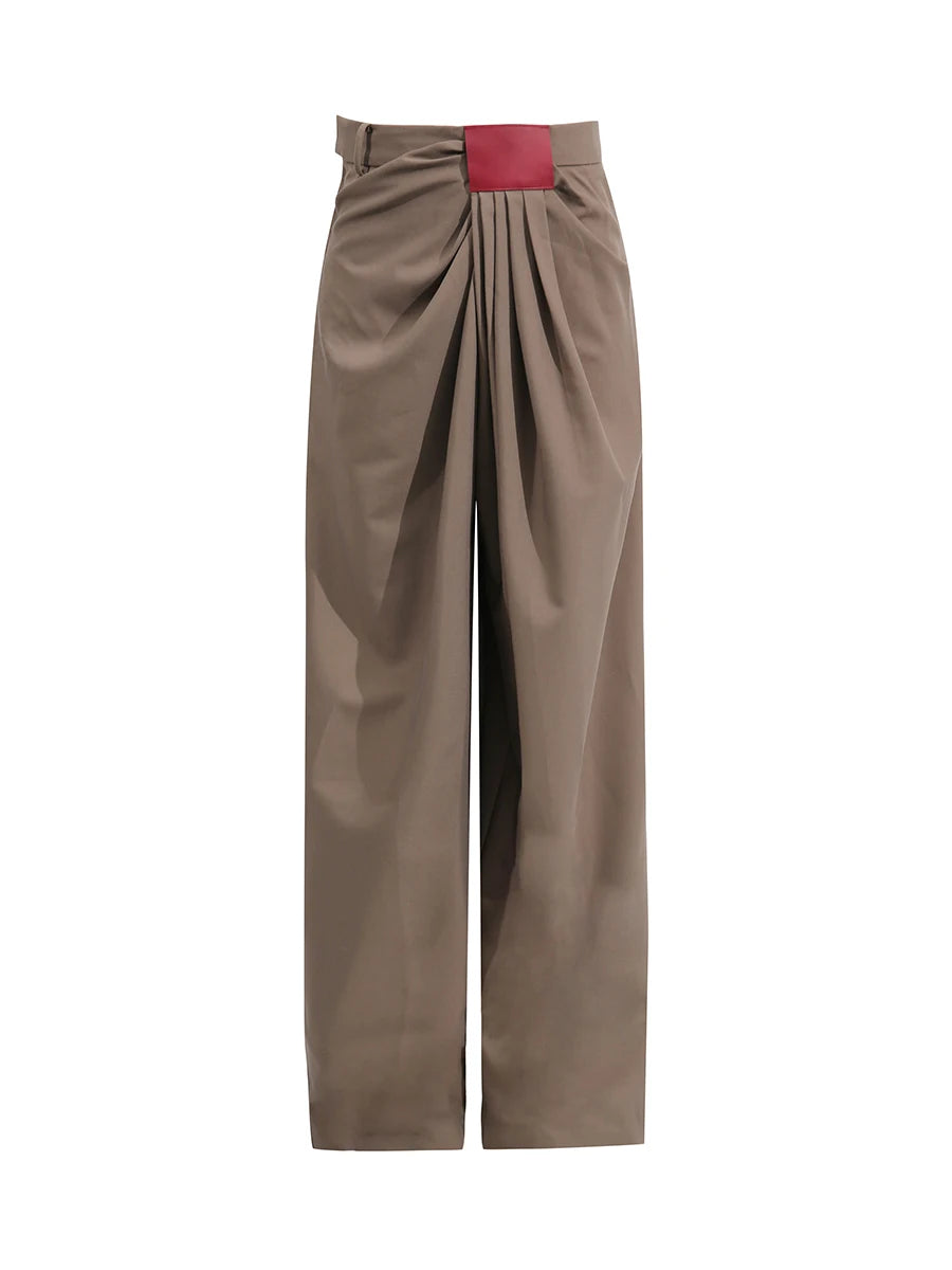 Fashion Casual Two Piece Sets for Women Lapel Long Sleeves Patchwork Zipper Top High Waist Wide Leg Pant Set Female GREYBROWN