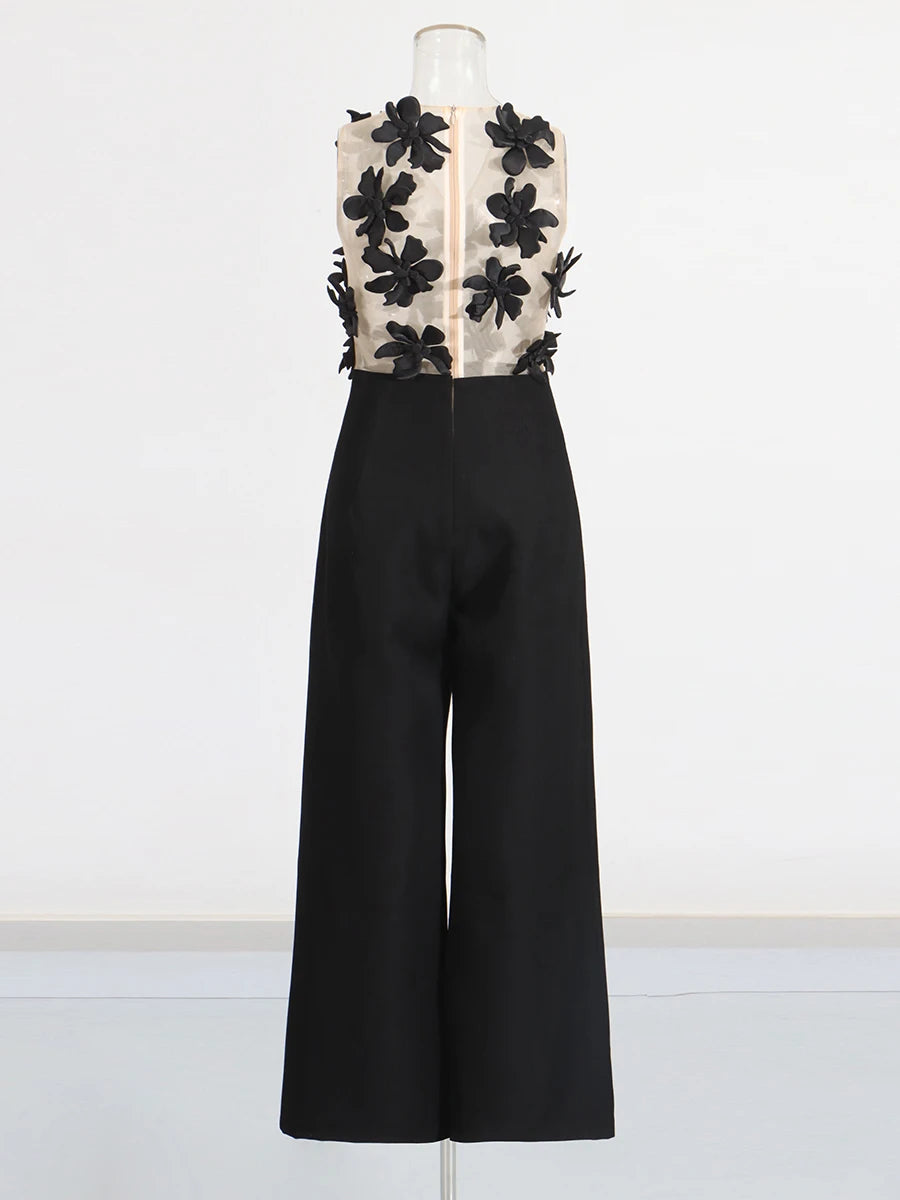 Solid Slimming Spliced Appliques Jumpsuits for Women V Neck Sleeveless High Waist Elegant Jumpsuit Female Fashion