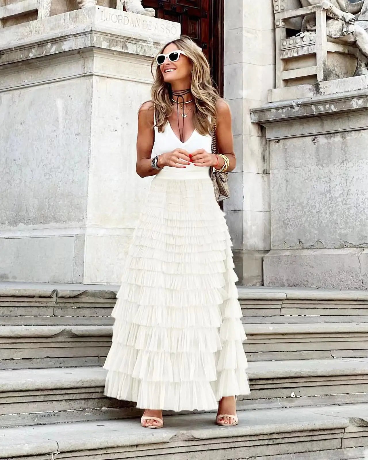 New Casual Womens Solid Ball Gown Long Skirt Tulle High Waist Pleated Elegant Ladies Wild Mesh Dating Maxi Skirts Drop White LYQ258