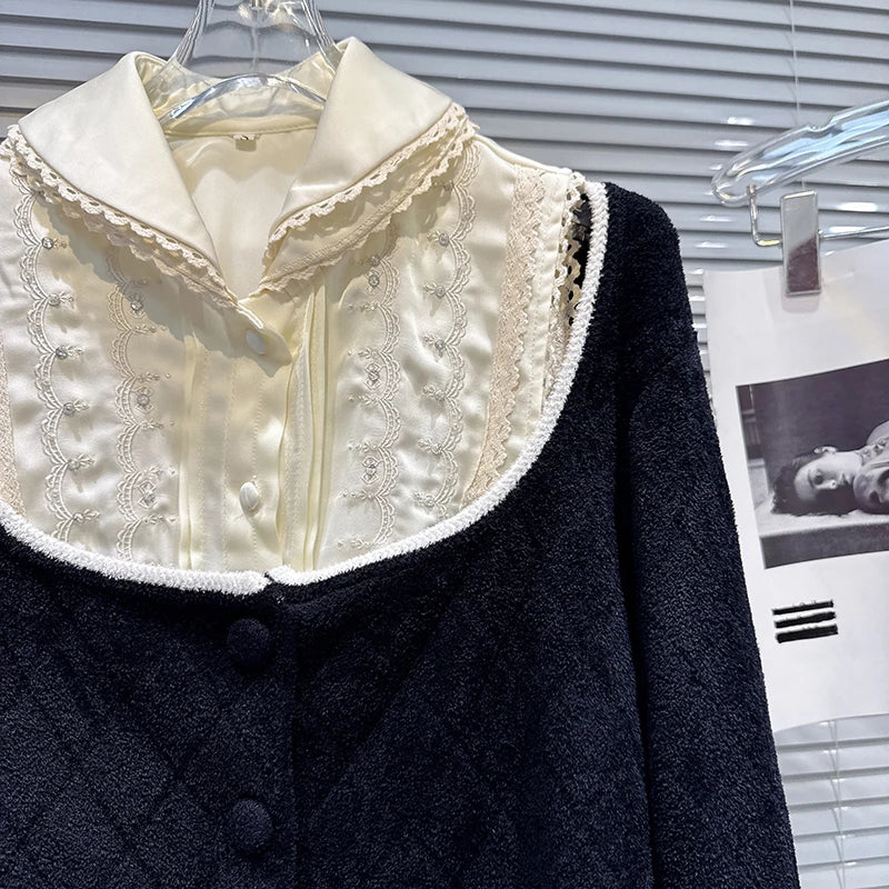 Winter New Sweet Fashionable Lace Turn-Down Collar Vest Elegant Knitted Sweater Two-Piece Set For Women 11A07525