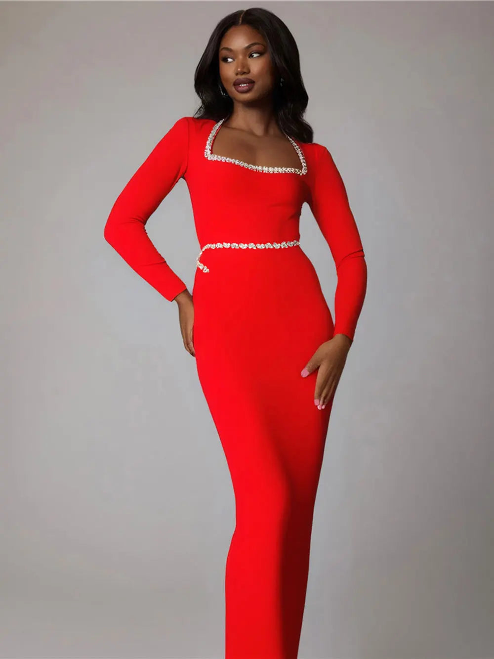 2024 Elegant Women Dress Light Luxury Diamond Design Bandage Dress Square Neck Long Sleeve Bodycon Christmas Red Dress Vestidos
