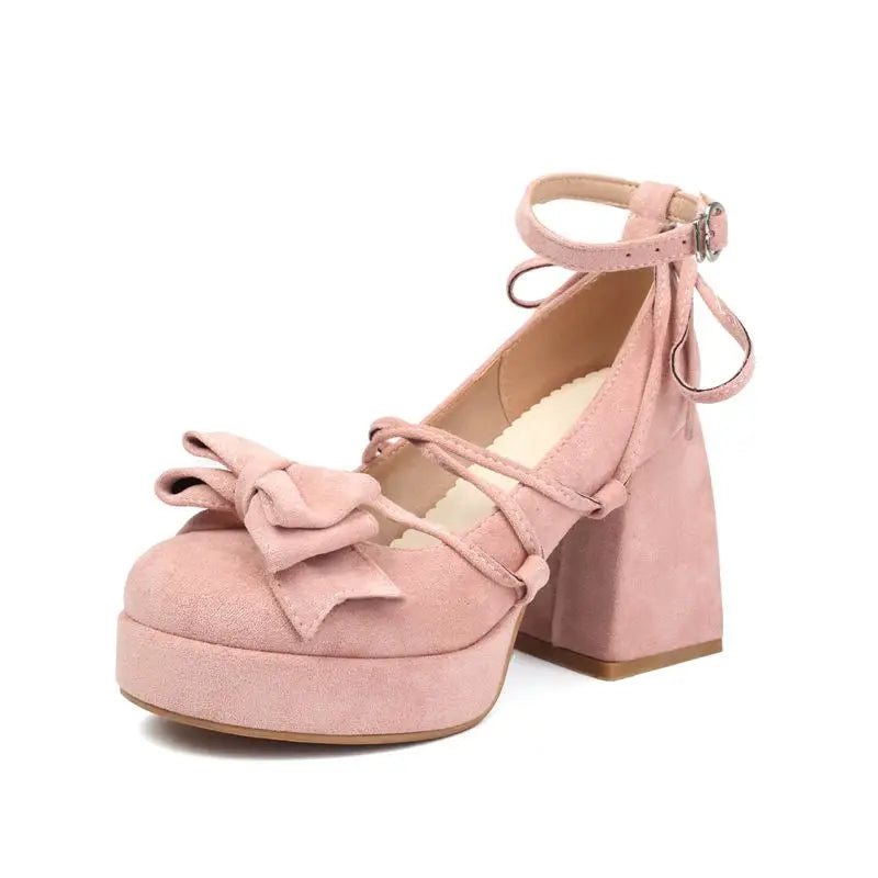 SIMLOVEYO Lolita Women Pumps 32 33 Round Toe Chunky High Heels 9cm Platform Bowknot Ankle Strap Big Size 44 45 Sweet Shoes Pink