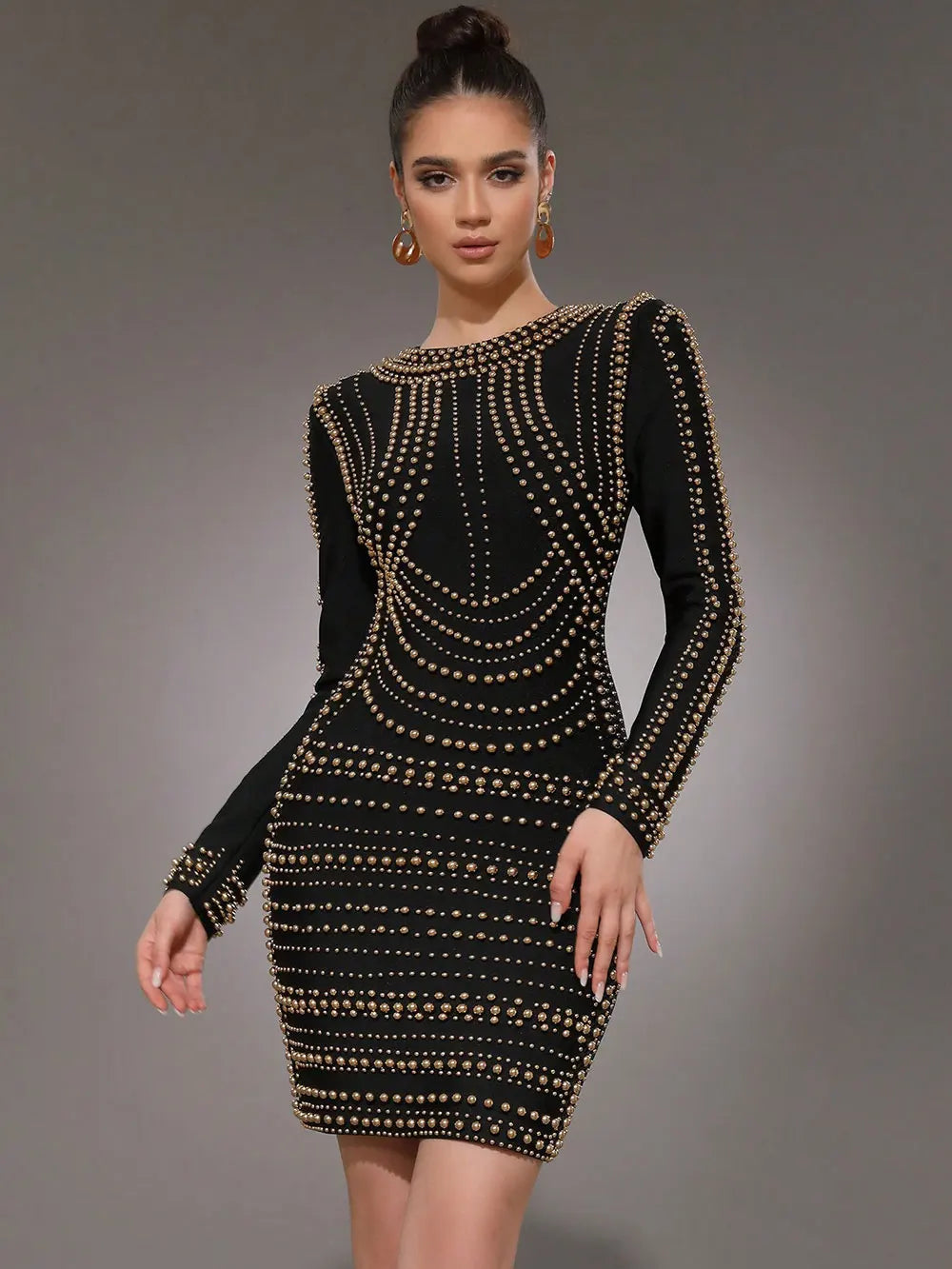 2025 Elegant Women's Light Luxury Rivet Design Bandage Dress O-neck Long Sleeve Bodycon Black Mini Dress Evening Party Vestidos black
