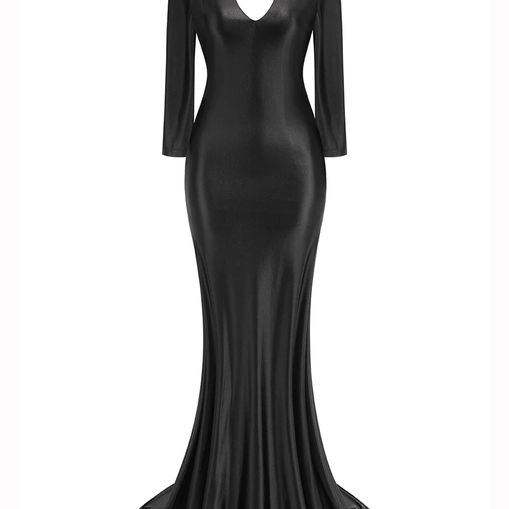 Elegant Solid Women Long Sleeved Floor Length Dress Sexy Party Backless Slim Female Maxi Dresses 2025 Summer New Chic Lady Robe