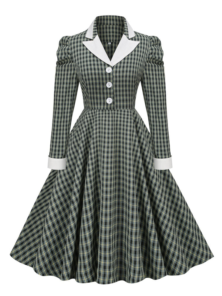 Tonval Gigot Sleeve Button Up Vintage Rockabilly Swing Dress Elegant Party Wear 2022 Women Fall Outfits Green Plaid Dresses Green