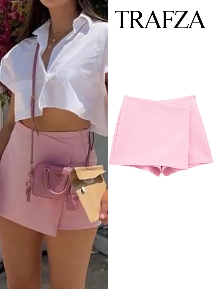 TRAFZA Women New Fashion 2023 Summer Solid Shorts High Waist With Zipper For Women Clothing Casual Slim Streetwear