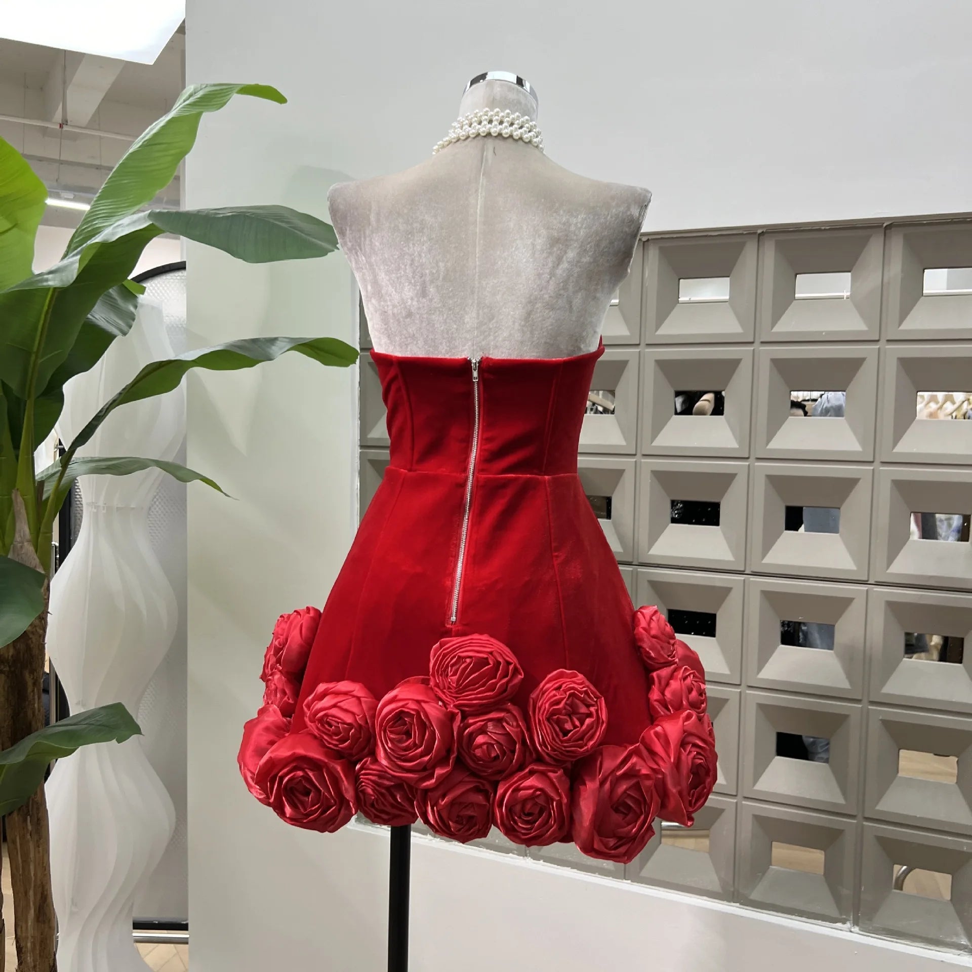 Black Red Women Sexy Strapless Velvet Ball Gown Mini Cute Dress Birthday Party Girls' Date Photo Shoot Outfit Vestido