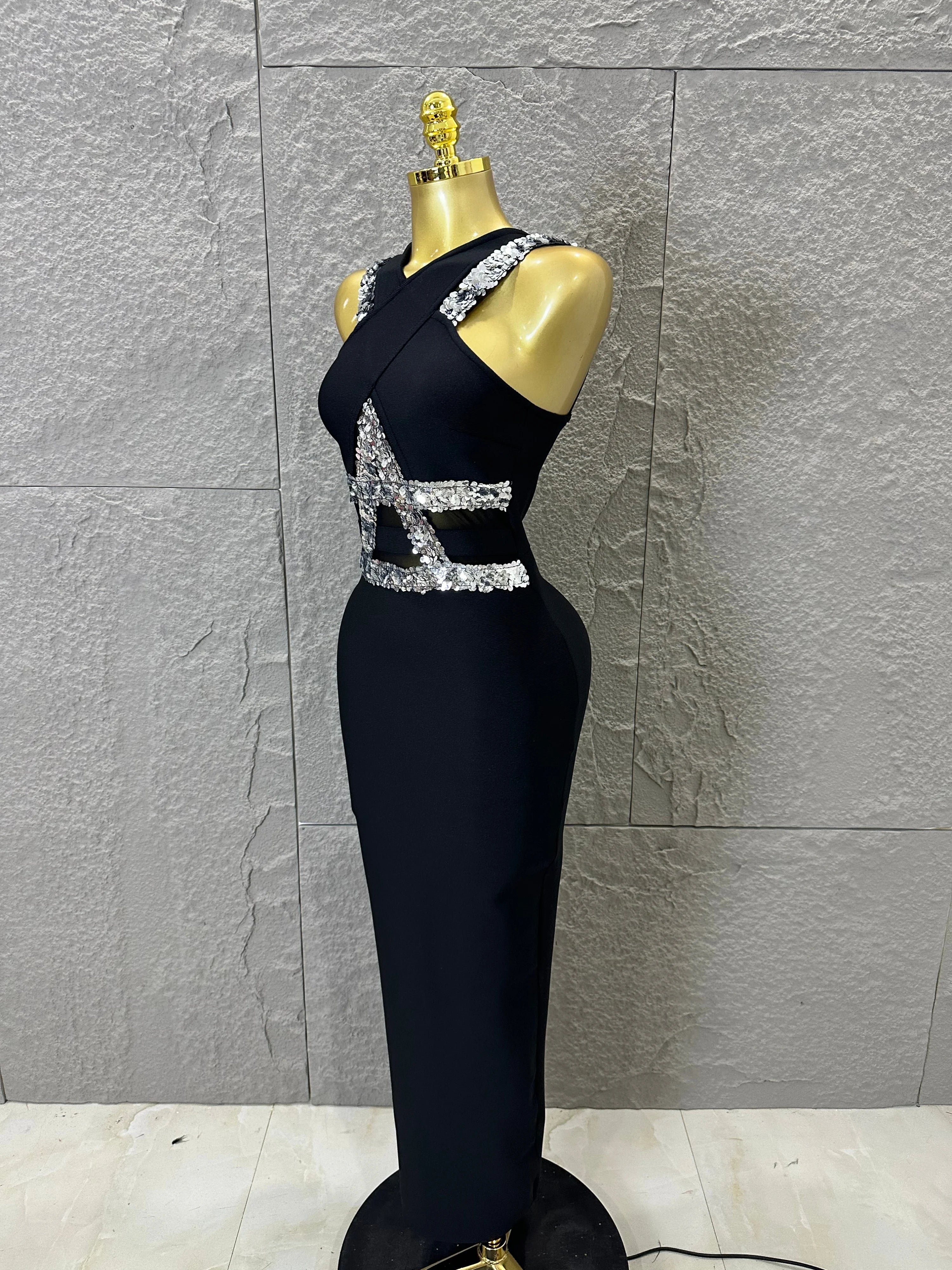 Elegant Black Halter Neck Maxi Dress Women Sexy Crisscross Crystal Embellished Sheer Mesh Cutout Waist Form-Fitting Outfit