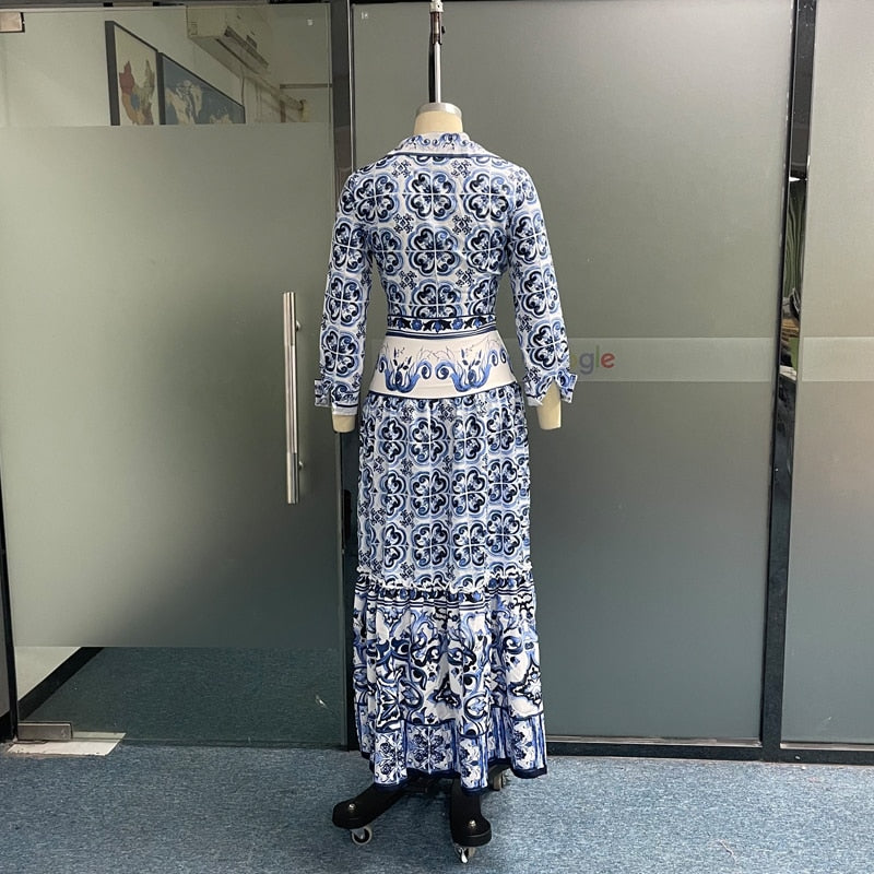 Ensemble 2 pièces pour femmes, jupe d'automne, ensemble Sexy à revers, imprimé en porcelaine, pour s'habiller, taille nue, manches longues, tenue de soirée