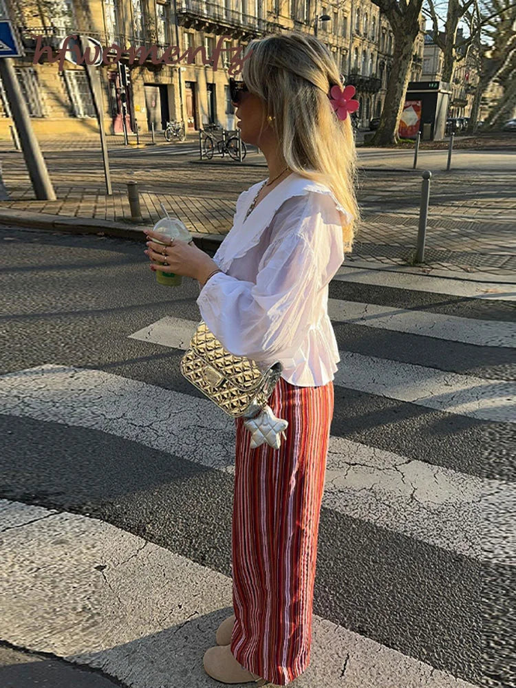 Chic Lace Up Pleated Women Shirts Blouses Lantern Sleeve White Female Streetwear Loose Spring Summer Lapel Elegant Lady Top