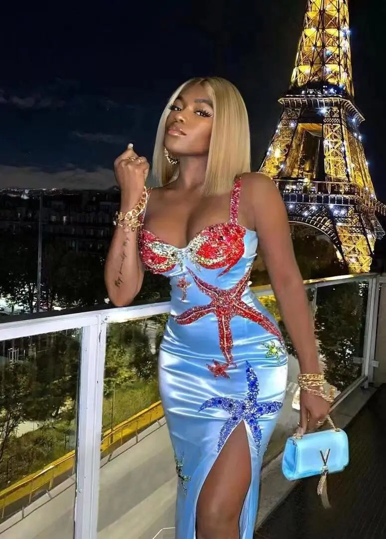 Blue Beaded Sequins Star Slim Sexy Spaghetti Strap Ruffle Celebrity Night Club Party Designer Dress Vestidos