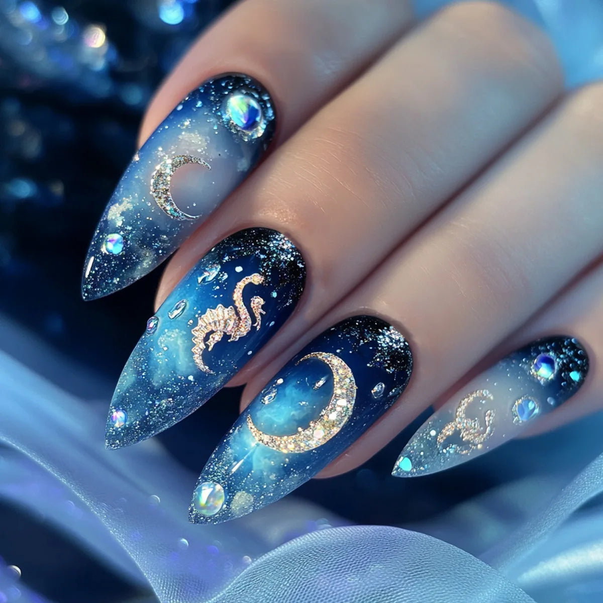 Medium fake nails for women gilrs gradient blue pink starry sky star moon Y2K design Almond nail tips press on false nail set 2255