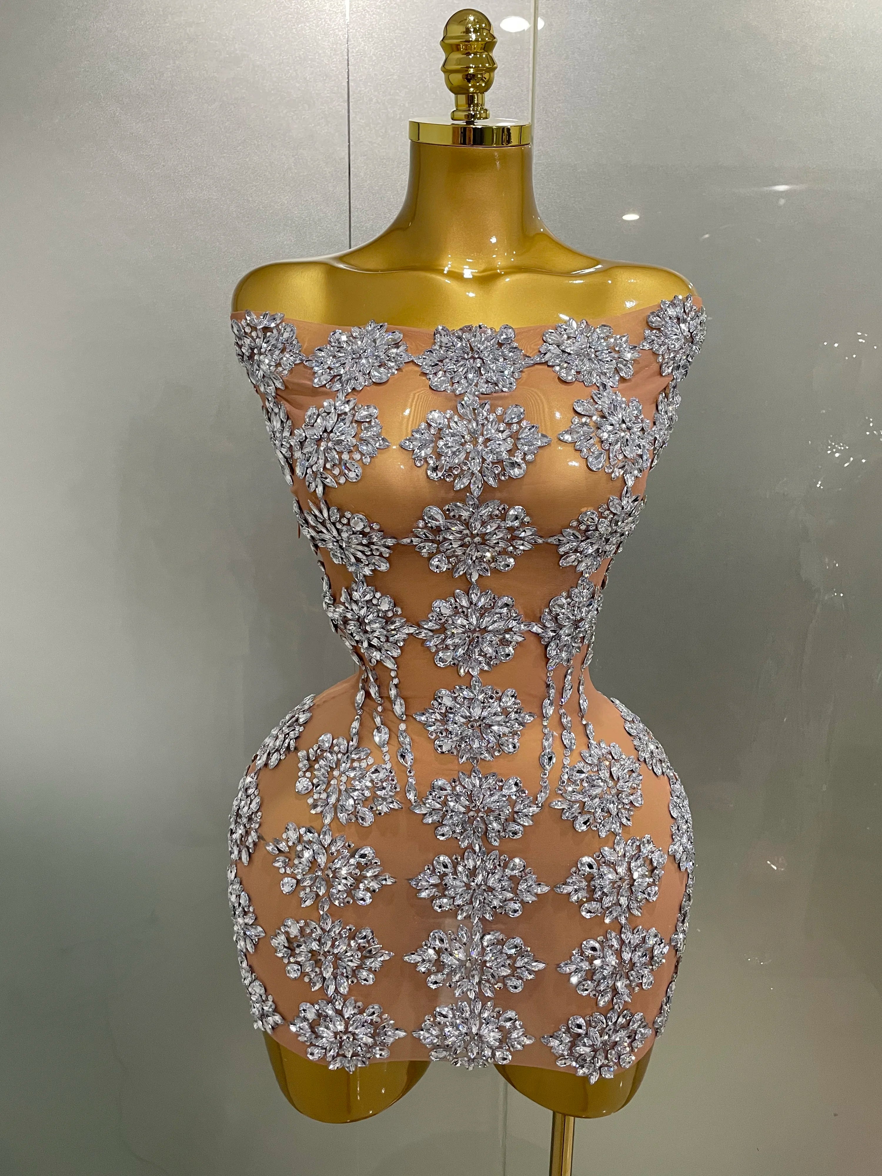 Luxury Sparkly Rhinestone Mesh Mini Dress 2025Women Sexy Nightclub Party Dance Performance Costume Singer Dancer Show Stage Wear Silver