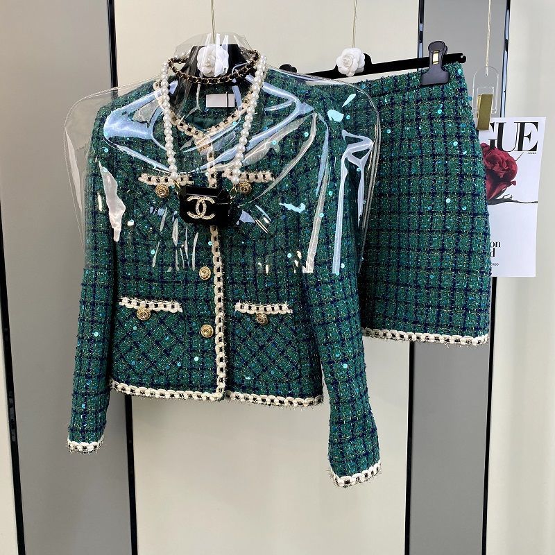 Women Elegant Vintage Tweed Fragrant Suit Jacke Coat Top And Skirt Two Piece Set Green Outfit Winter Jacquard Party Clothing Picture