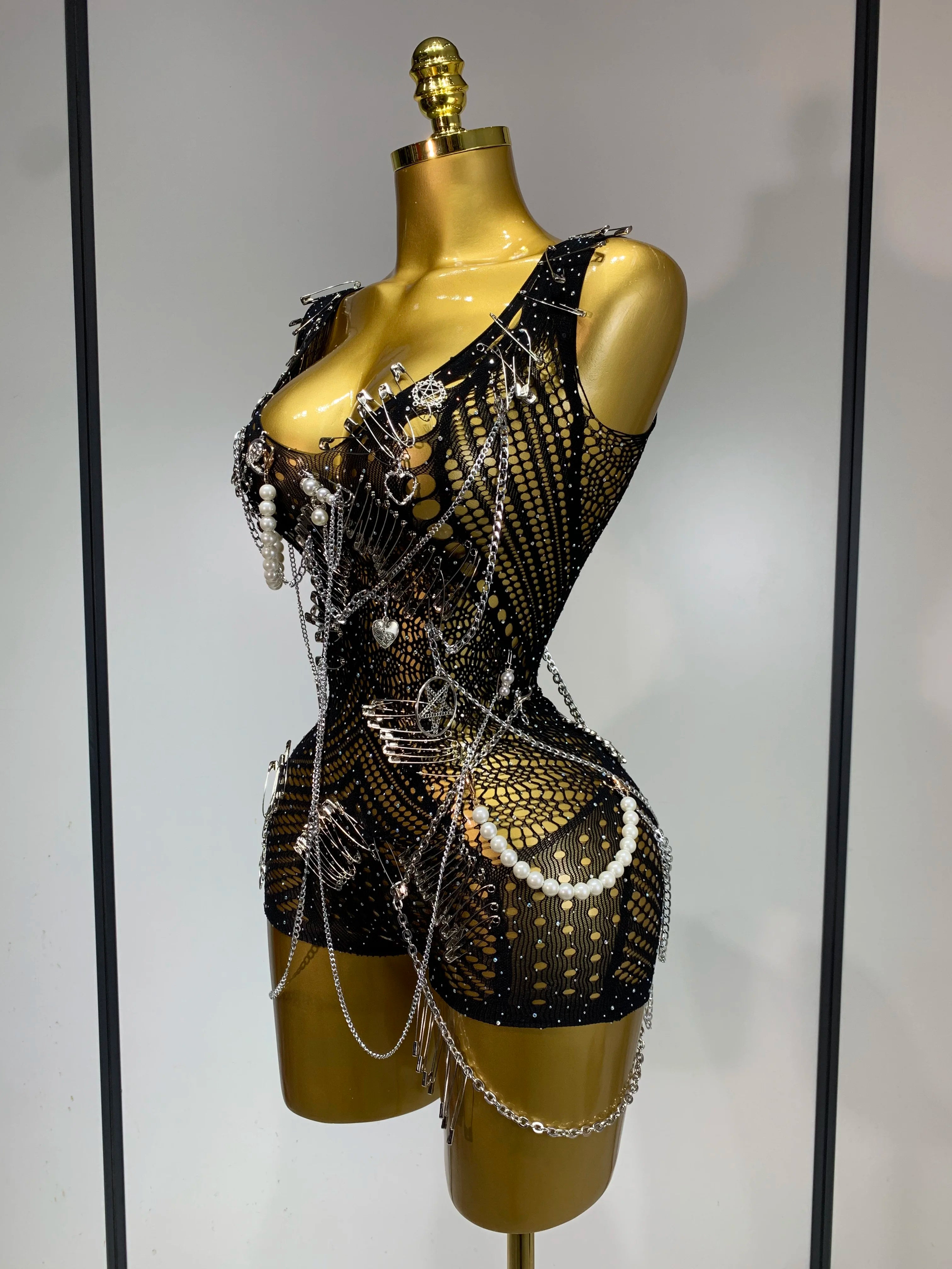 Women Pin Sparkly Crystal Cut Out Sexy Stretch Bodysuit Women Nightclub DJ Clothing Stage Singer Dancer Performance Costume