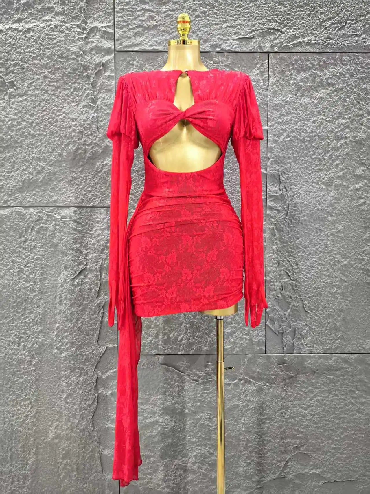 Red Color Christmas Style Women Long Sleeve Sexy Keyholes Bodycon Mini Dress Nightclub Party Celebrate Wedding Outfit Red