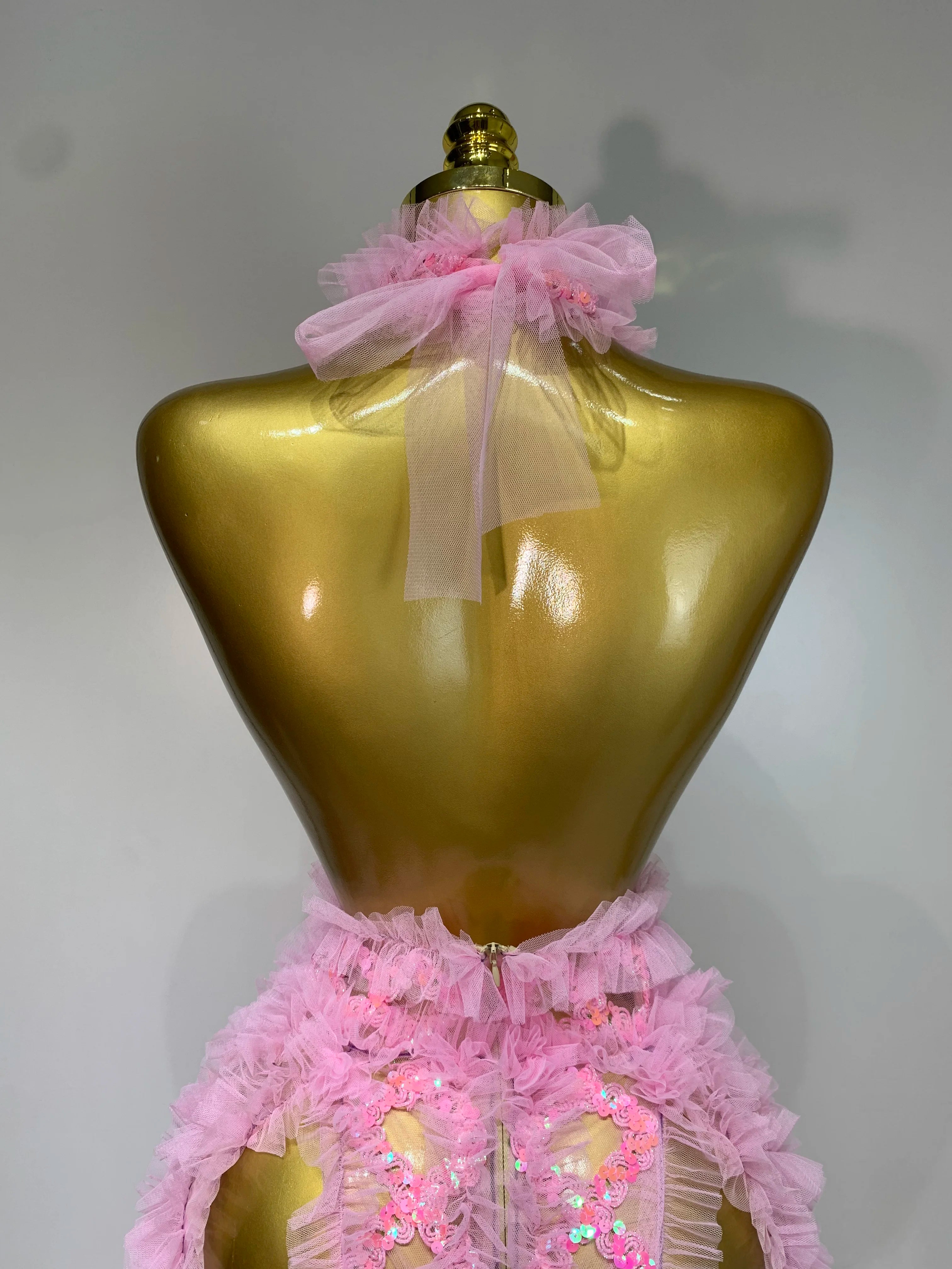 Mesh Sequins Sexy Backless Halter See Through Dress 2025 Birthday Evening Party Prom Nightclub Singer Stage Performance Costume