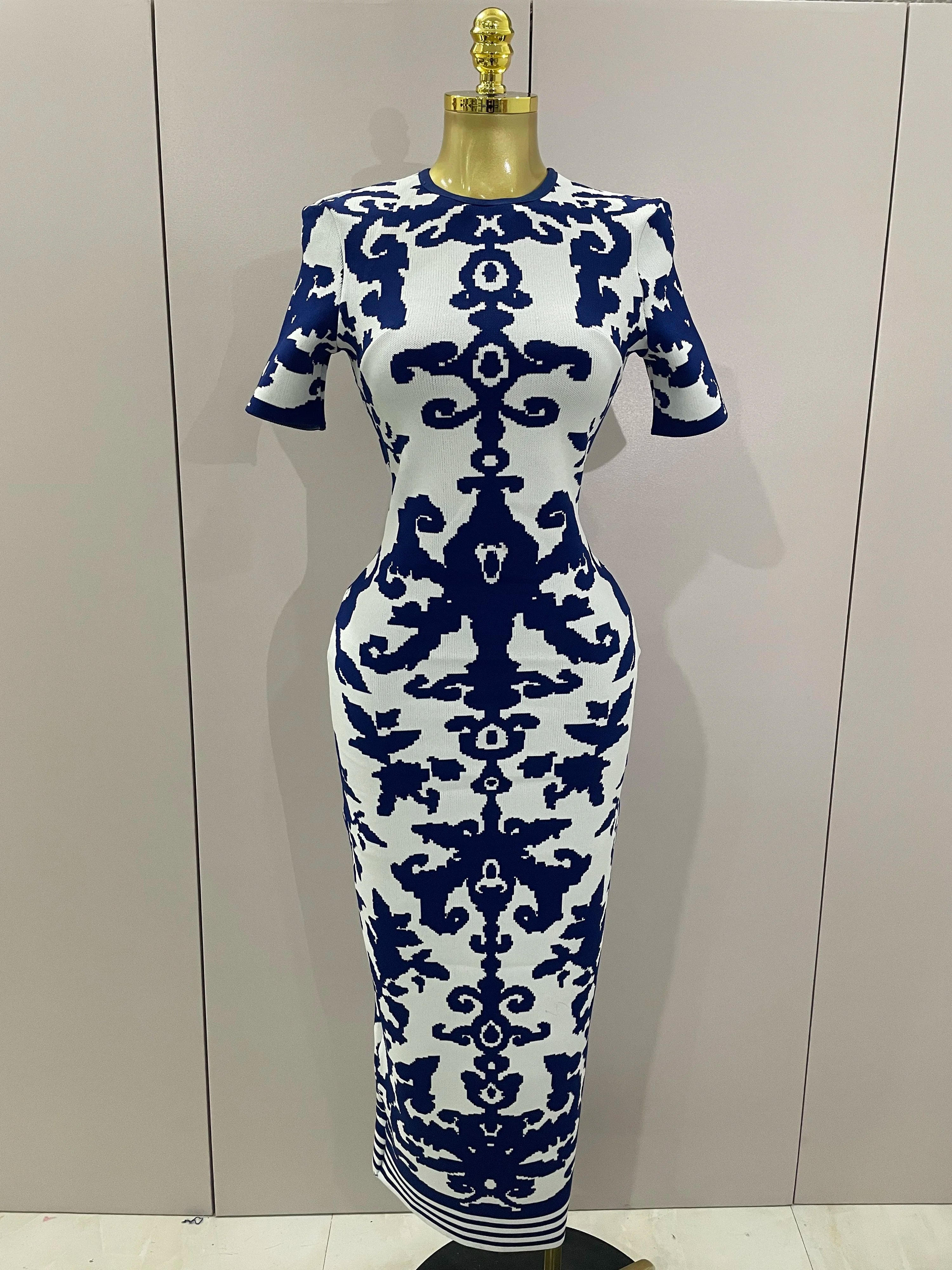2025 New Sexy Short Sleeve Jacquard Blue Bandage Bodycon Long Dress Women Celebrity Elegant Evening Club Party Luxury Dresses Blue
