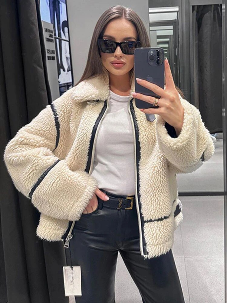 Suninheart Autumn and Winter Faux Fur Jacket with Zipper Women Long Sleeve Warm Jackets Coat Casual Lapel Cold Coat High super good quality 1