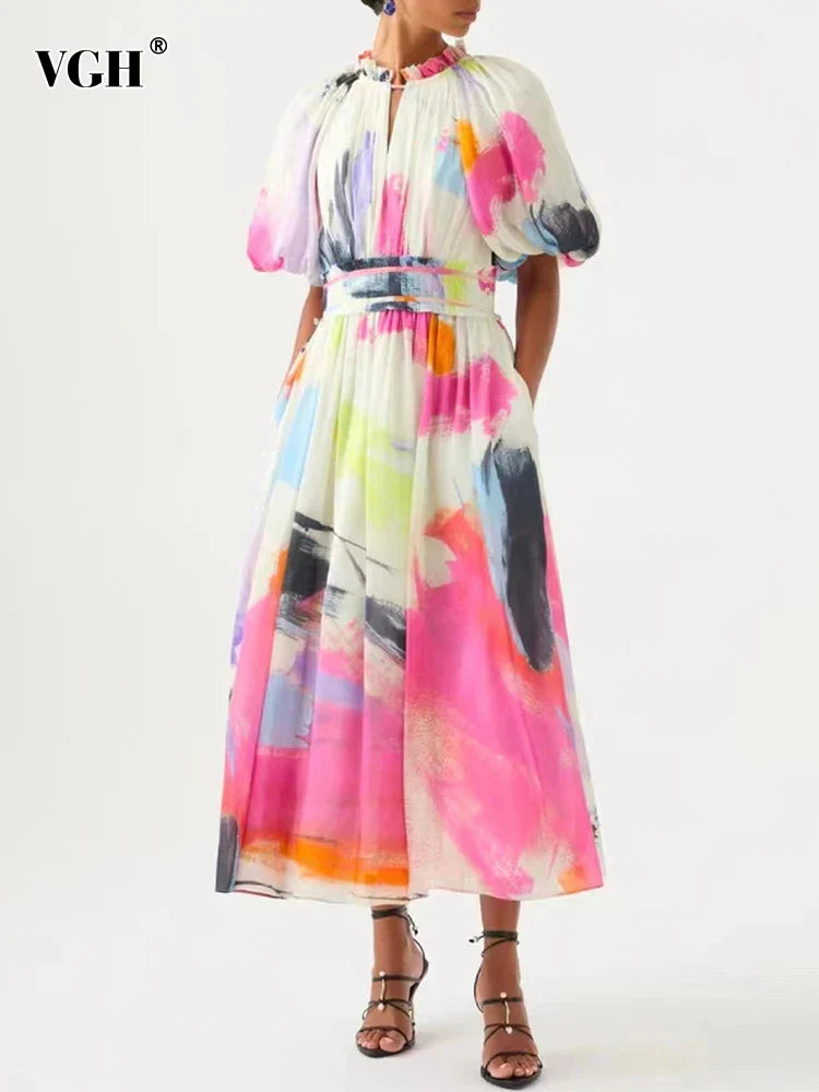 VGH Tie Dye Slim Dress Female Stand Collar Puff Half Sleeve High Waist Spliced Ruffles A Line Long Dresses Female Summer Clothes