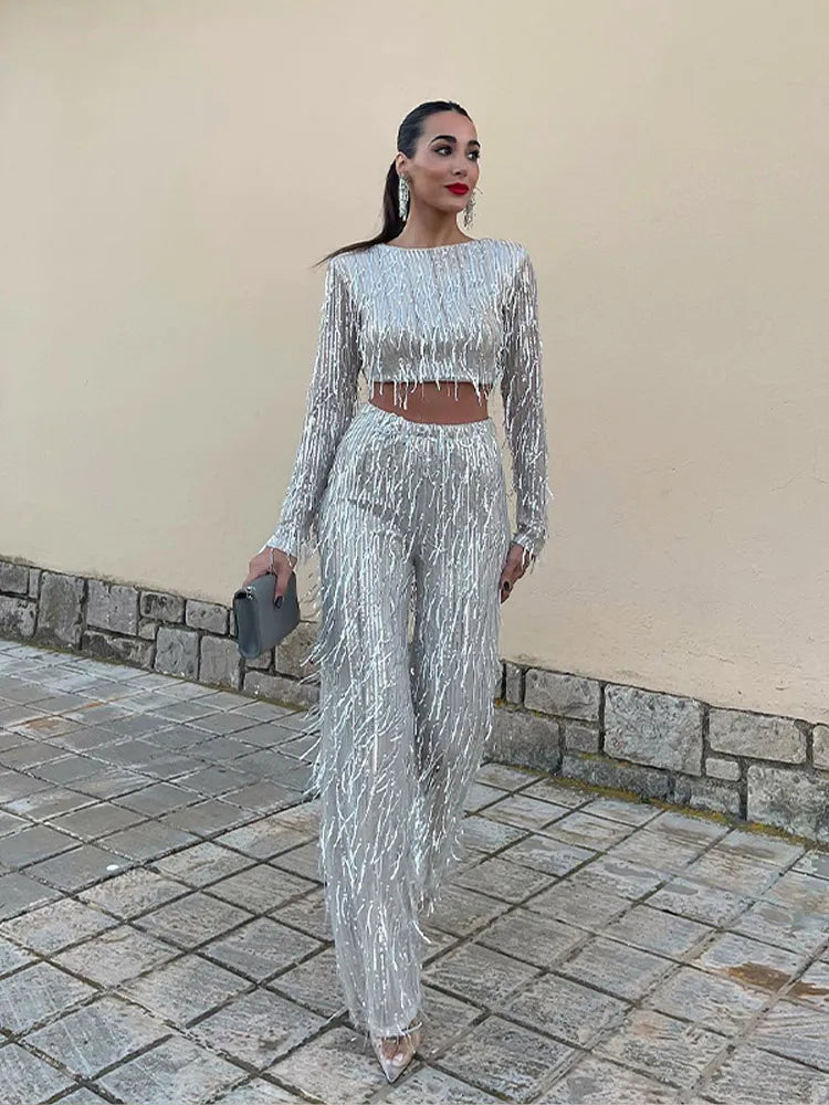 Women Fashion Sequins 2 Piece Pants Set Sexy Sleeveless Strapless Tank Long Loose Pants Female Luxury Party Club Chic Outfits sliver