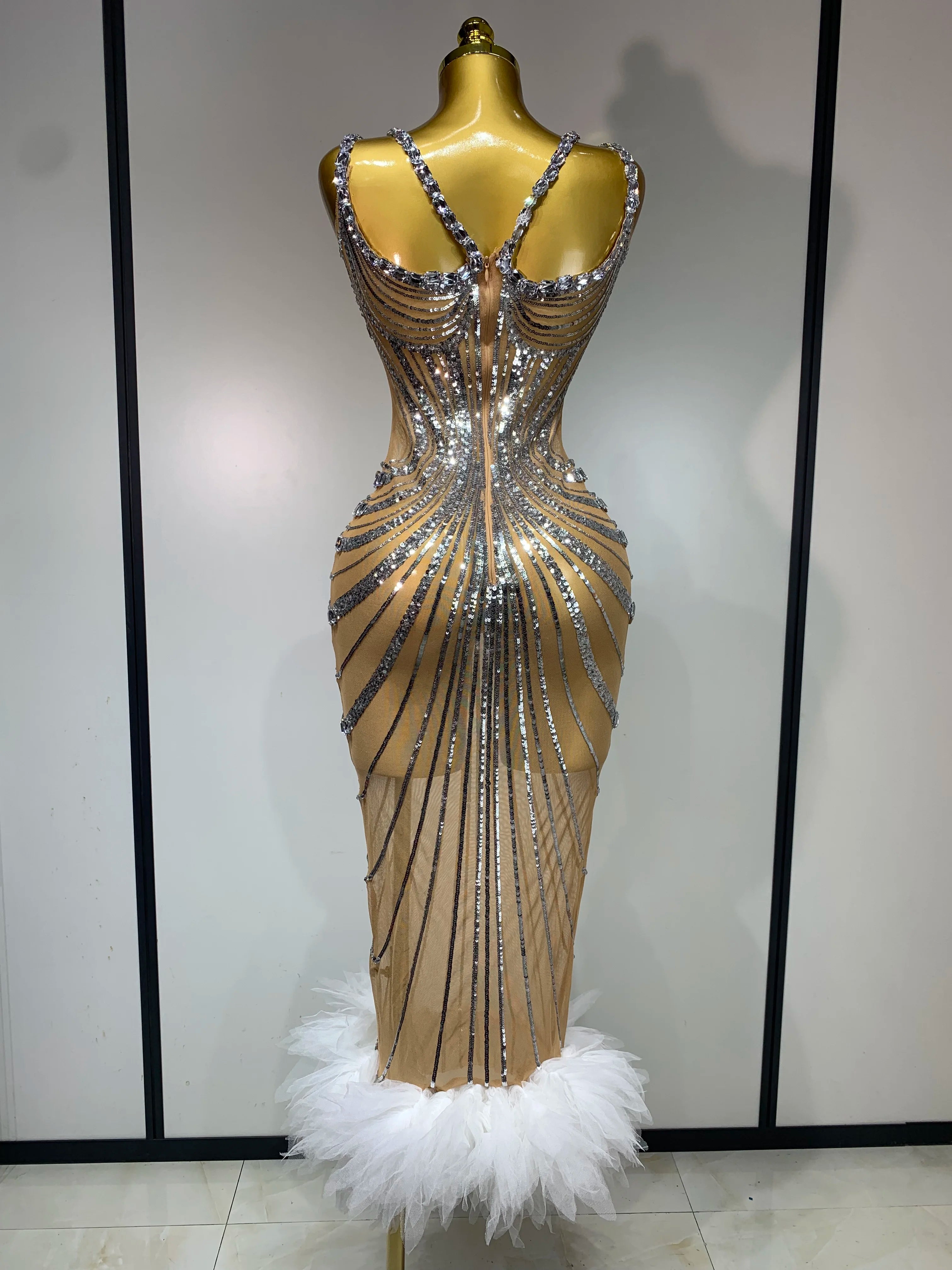 2025 Luxury Sexy Silver Rhinestone White Mesh See Through Long Dress Women Birthday Party Prom Gown Singer Nightclub Outfit