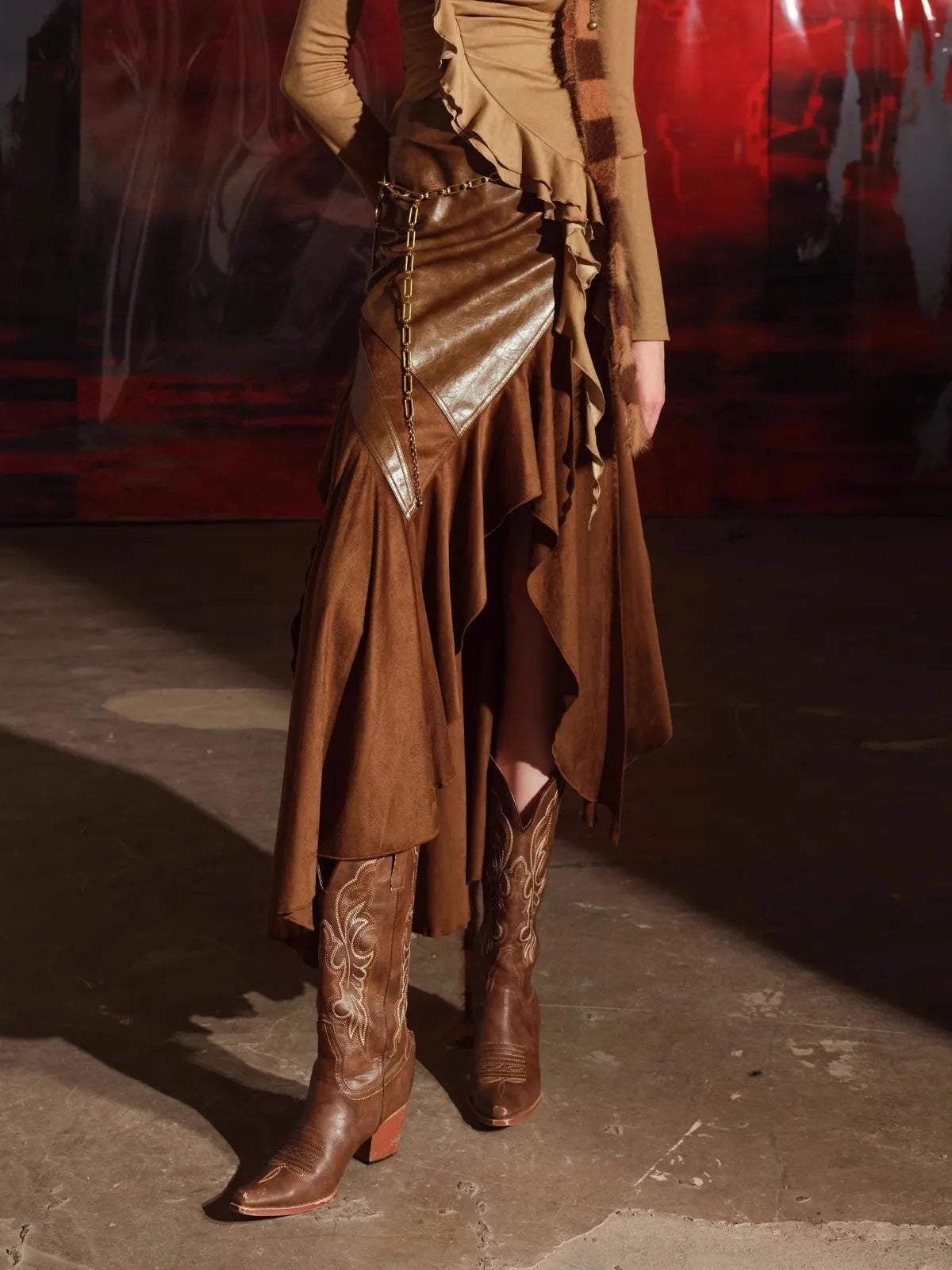 Lautaro Spring Autumn Soft Brown Patchwork Pu Leather Midi Asymmetrical Skirt Women High Waist Long Luxury Designer Clothes 2025 Brown