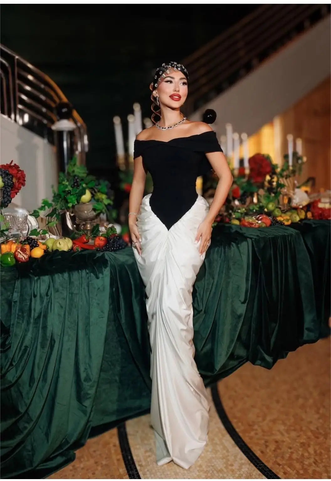 Sexy Off The Shoulder Package Hips Black Patchwork White Floor Length Dress Graceful Woman Party Dress Cocktail Party Outfit