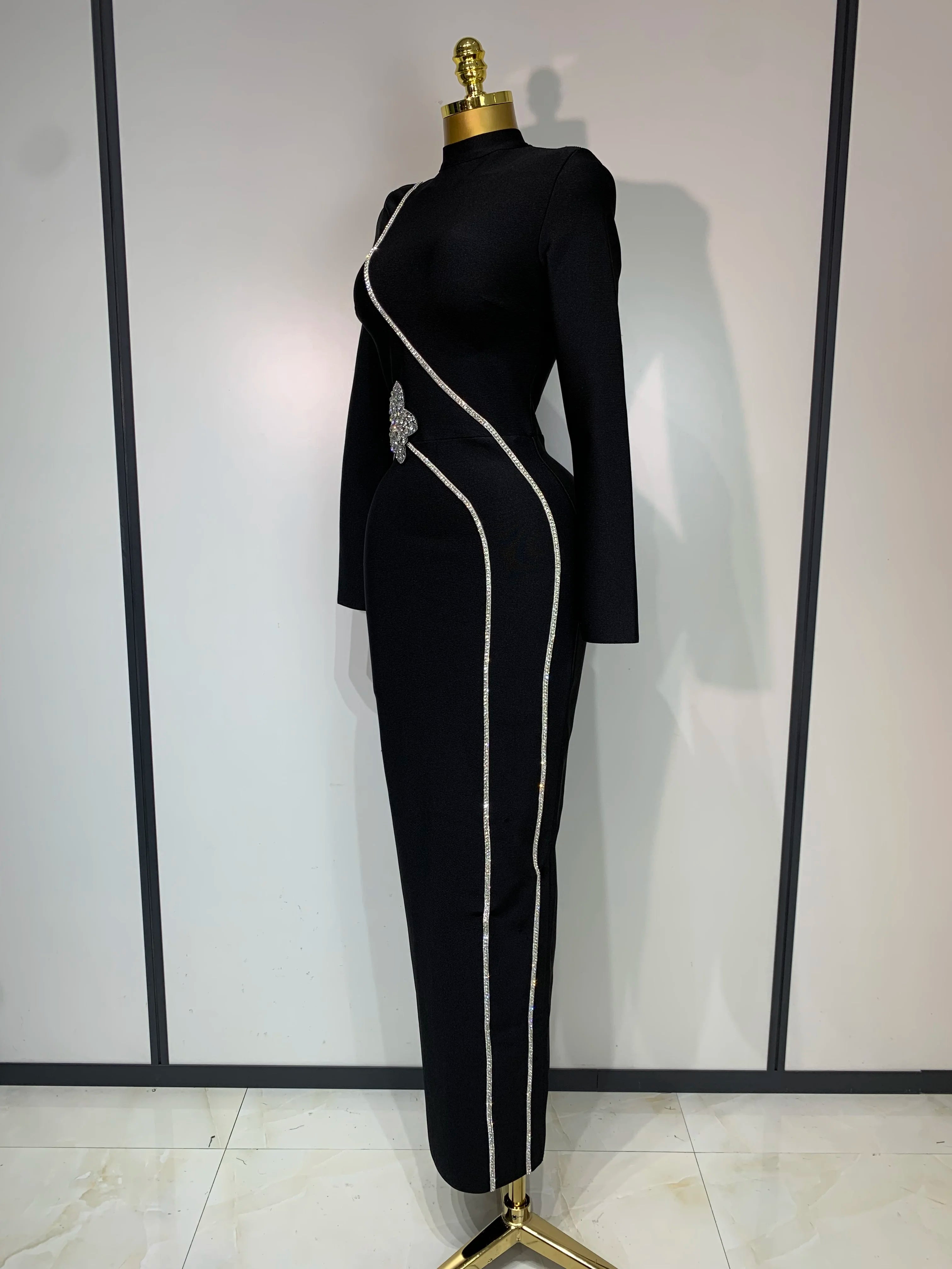2025 Newest Fashion Designer Party Dress Women's Formal Long Sleeve Diamonds Bodycon Bandage Dress Elegant Luxury Birthday Gown