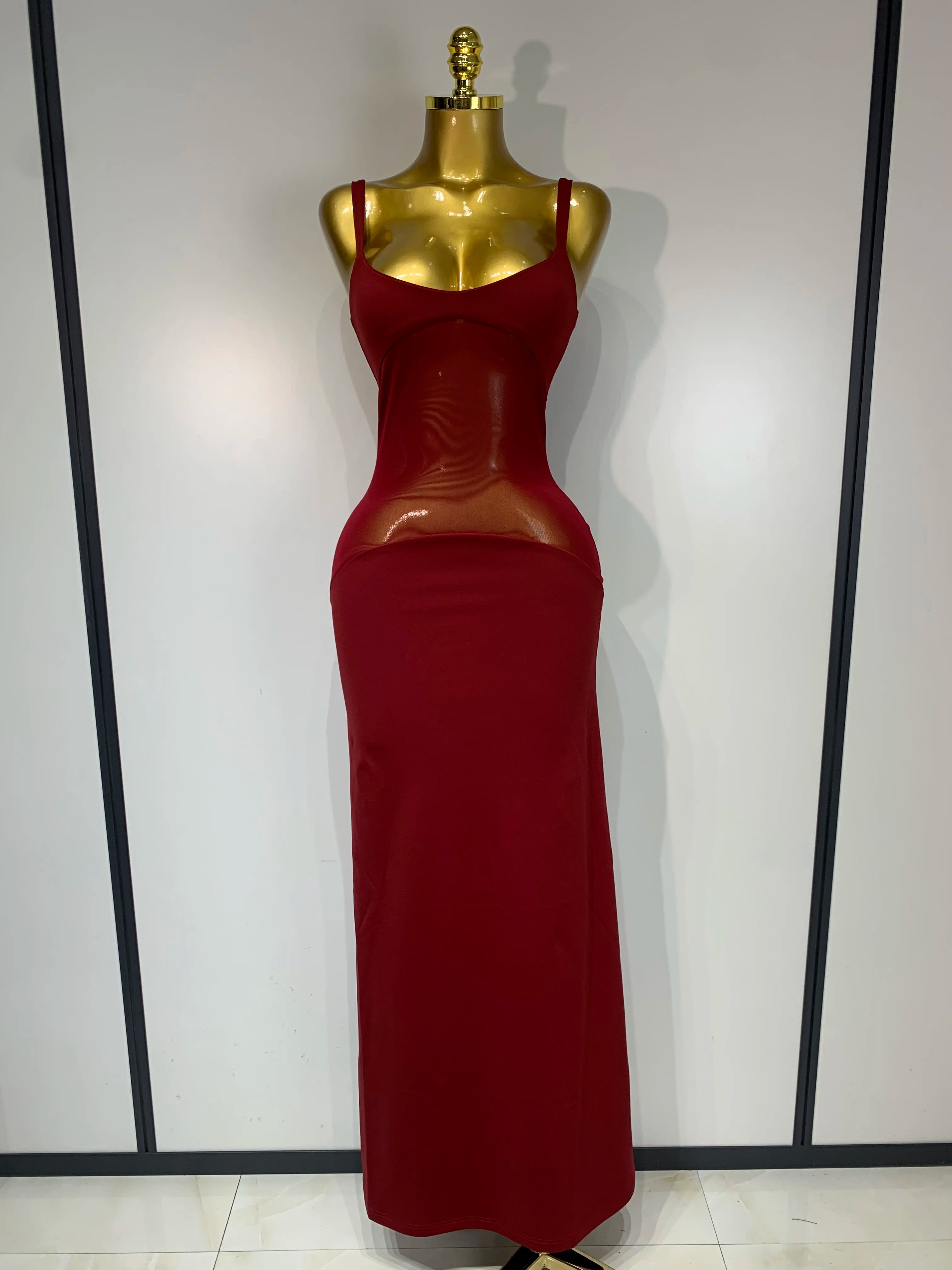 Sexy See Through Mesh Patchwork Long Dress 2025 Women Backless Bodycon Cocktail Party Elegant Luxury Birthday Dresses Vestidos Red