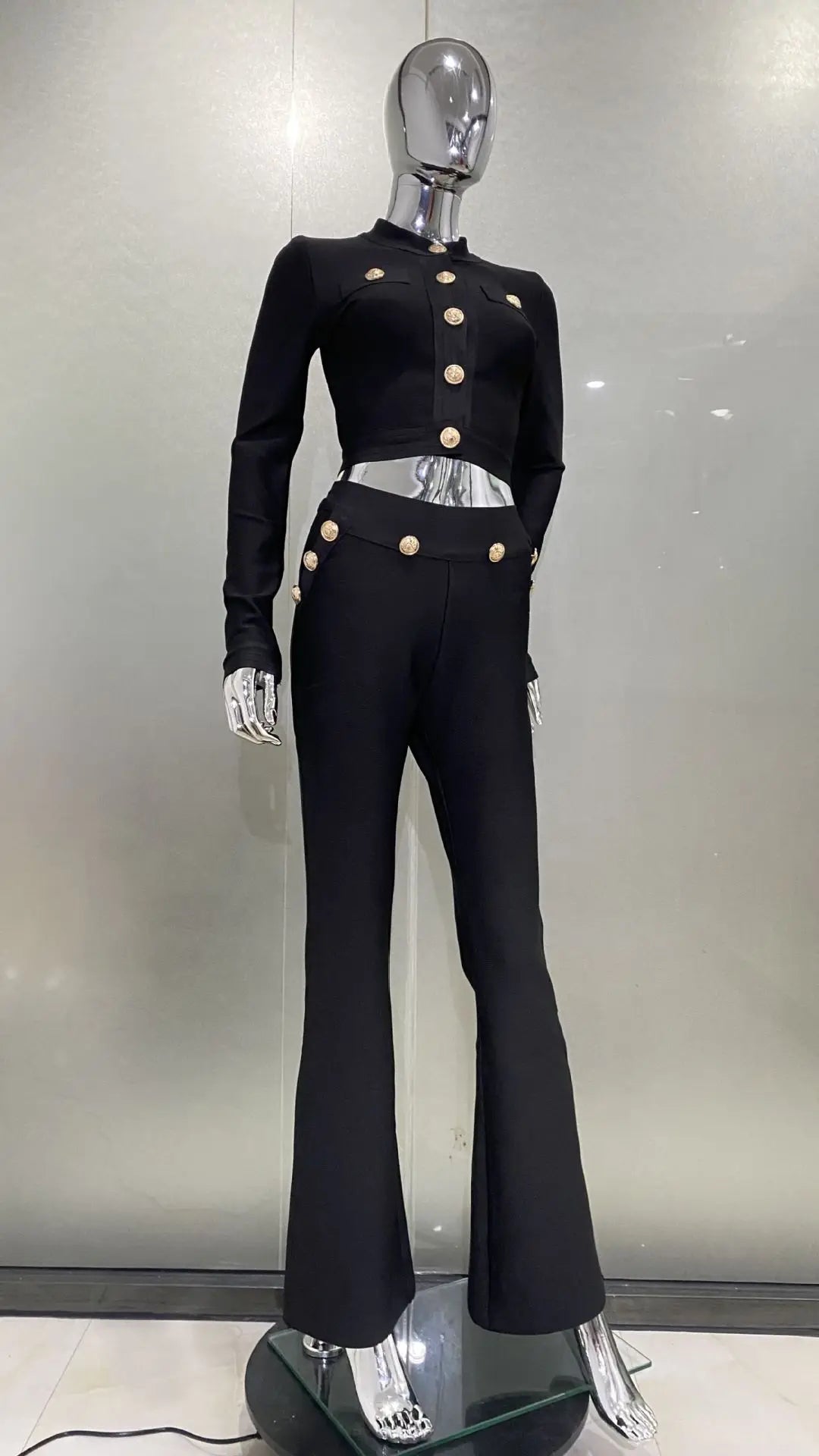 Bandage Expose Waist Woman Set Fashion Golden Buttons Short Coat Top And Flare Pants 2 Pieces High Street Wear