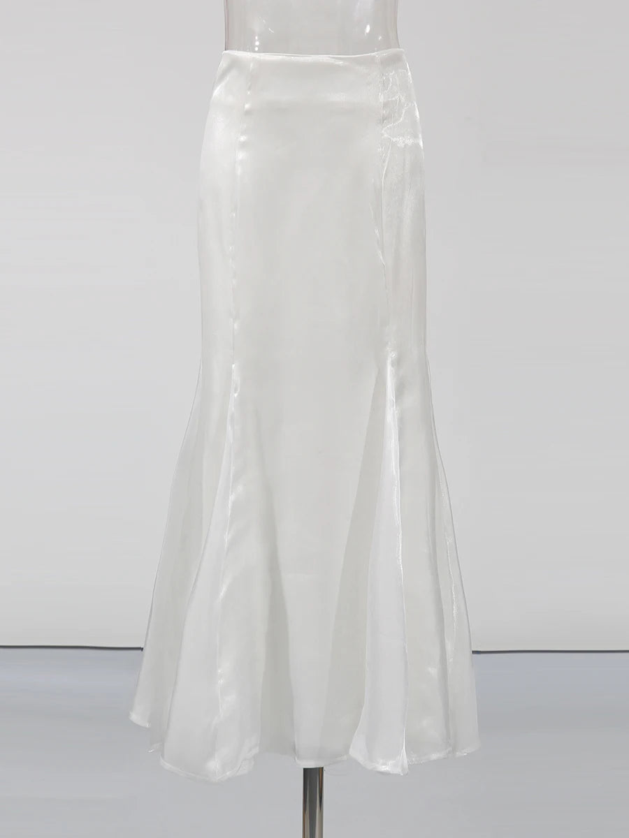 Spliced Petal Two Piece Sets for Women V Neck Long Sleeve Patchwork Lace Up Top High Wasit Skirt Elegant Set Female WHITESKIRT