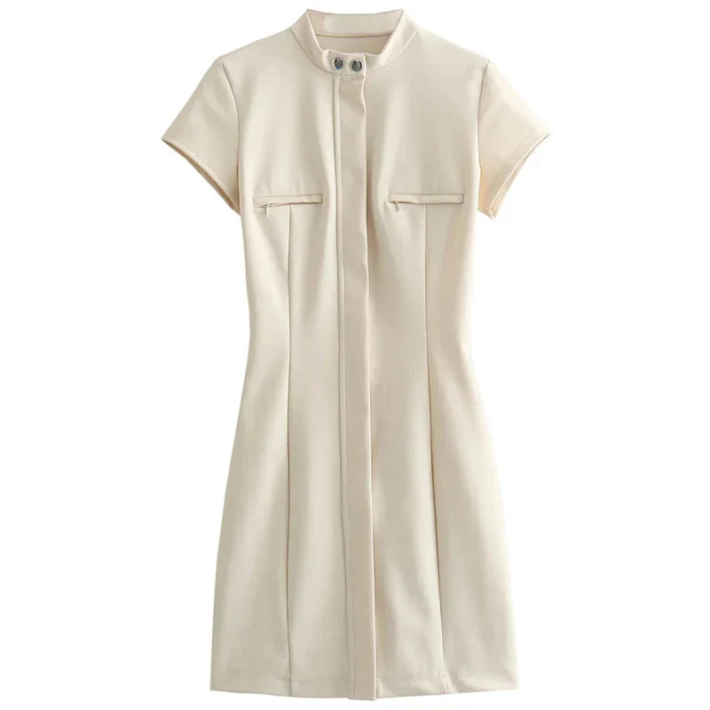 TRAF Midi Dress Womens Dresses Spring Summer O-Neck Short Sleeves Dresses New In Dress Party Dresses Women Elegant Luxury Beige