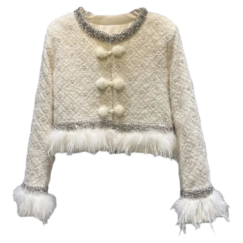 Winter New Fashion Heavy Embroidery Rhinestone Collar Ostrich Feather Cotton Coat For Women Short Jacket 11A07811