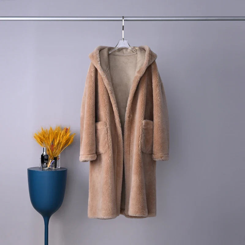 2023 Winter New Hooded Thicken Women Lamb Wool Coat Female Lady Sheep Shearling Overcoat Parka PT343 camel
