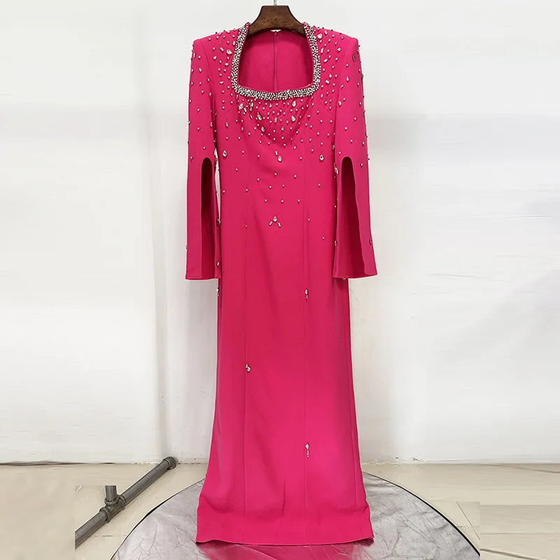 Solid Slimming Spliced Bead Luxurious Dresses for Women Square Neck Long Sleeves Patchwork Split Dress Femlae New ROSE