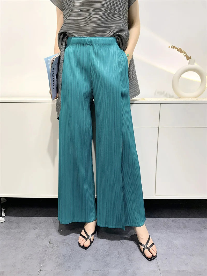 Summer Pants Women Hitching Piece Comfortable Casual New Loose Straight Pants Wide Leg High Waist Thin Pleated Pants Lake green One Size