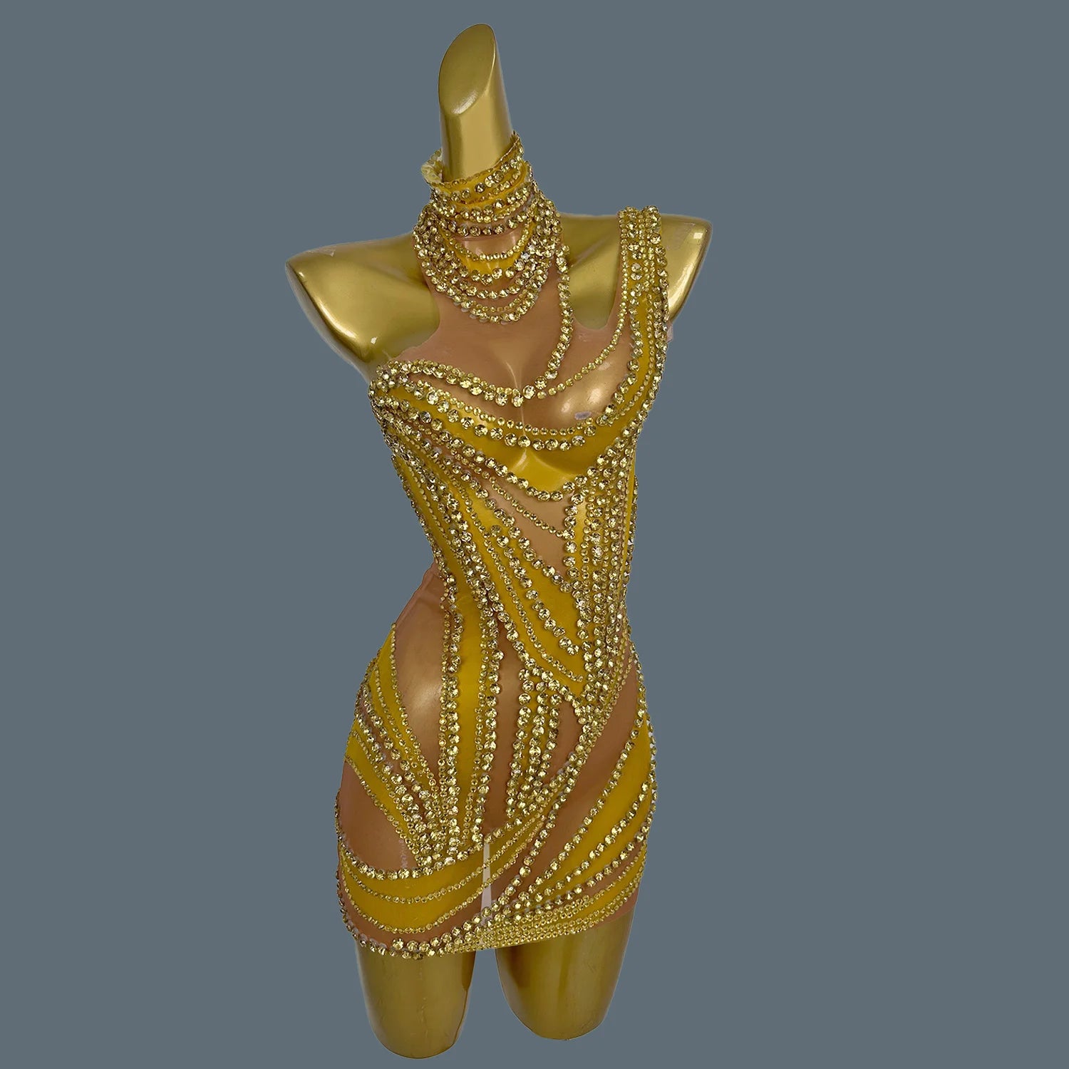 Sparkly Rhinestone Mini Dress Sexy Mesh See Through Party Event Prom Celebrate Birthday Dress Singer Show Wear Liuzhuan Gold One Size