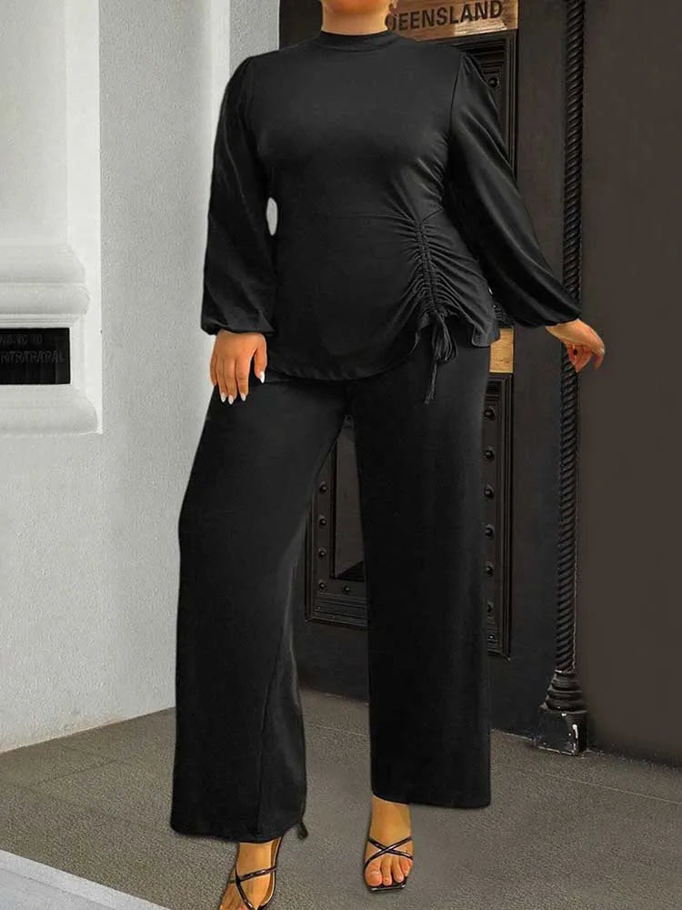 Autumn Plus Size Top and Pant Suit for Women 2 Pieces Pant Sleeve Ladies Pleated Elegant Casual Outfits Wholesale Dropshipping