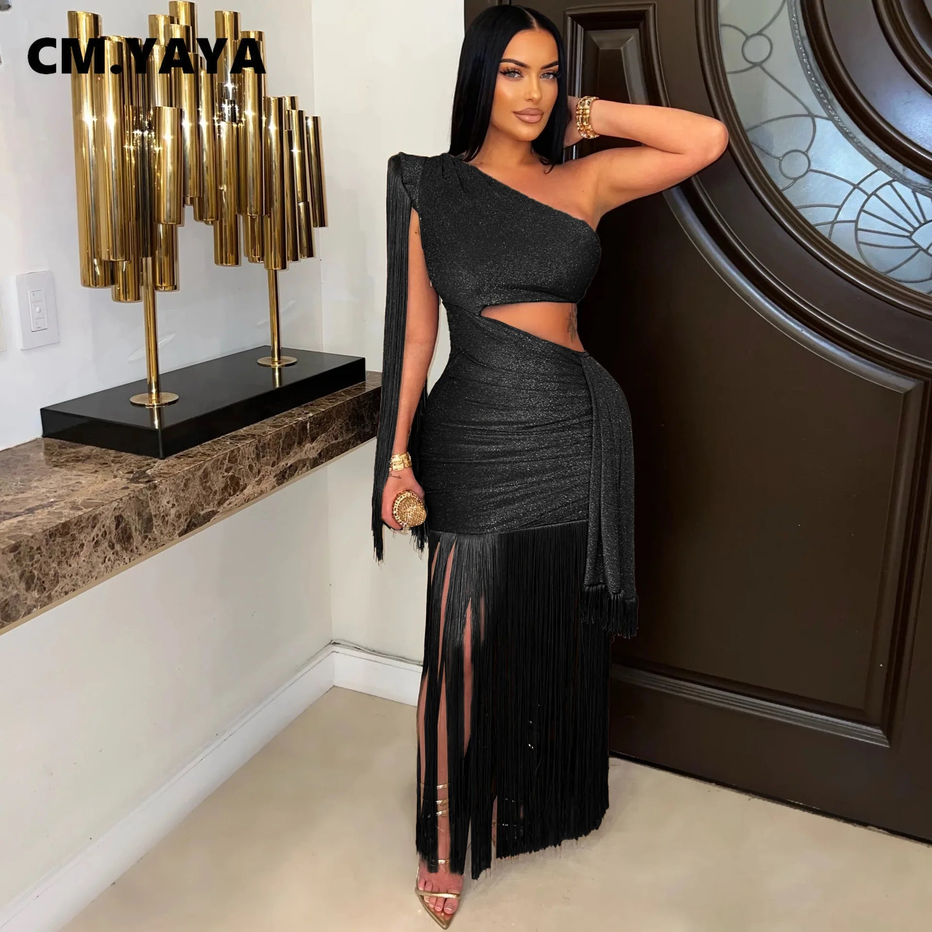 CM.YAYA Women One Shoulder Tassel Sleeveless Long Dress Diagonal Collar Summer Street Evening Sexy Night Party Dresses Vestidos