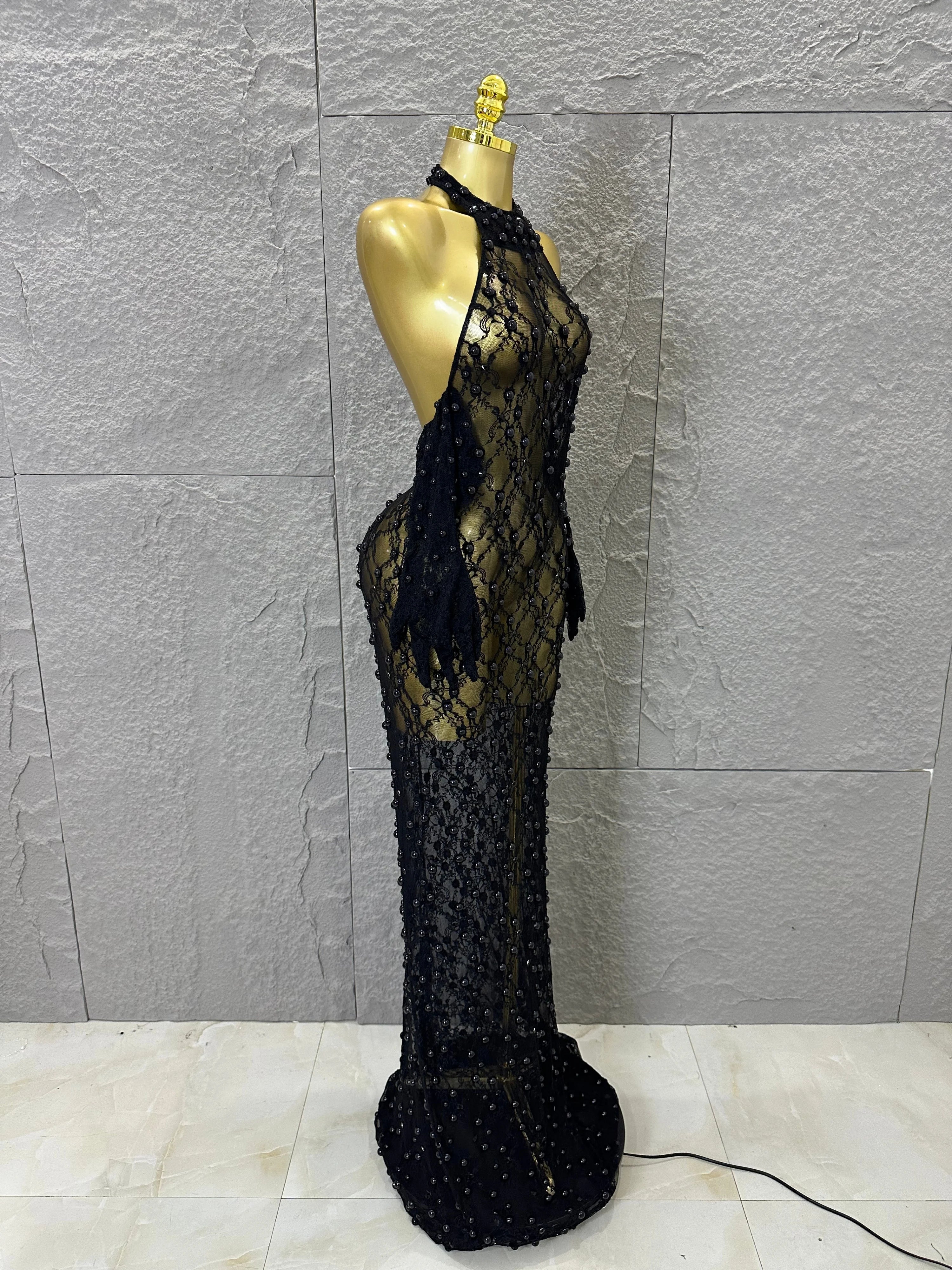 Black Opulent Halter Neck Maxi Sheer Mesh Beaded Lace Dress Form-Fitting Outfit Nightclub Party Evening Gala Costume